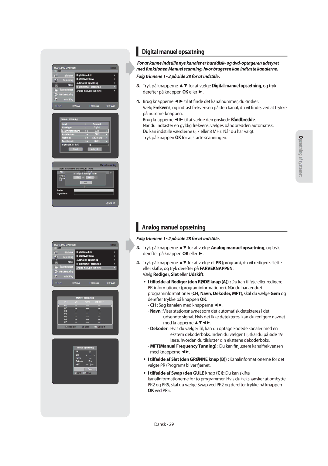 Samsung DVD-SH853/XEE Digital manuel opsætning, Analog manuel opsætning, Følg trinnene 1~2 på side 28 for at indstille 