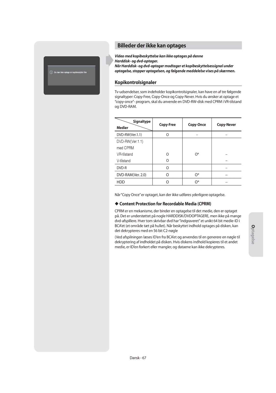 Samsung DVD-SH853/XEE Billeder der ikke kan optages, Kopikontrolsignaler, Content Protection for Recordable Media Cprm 