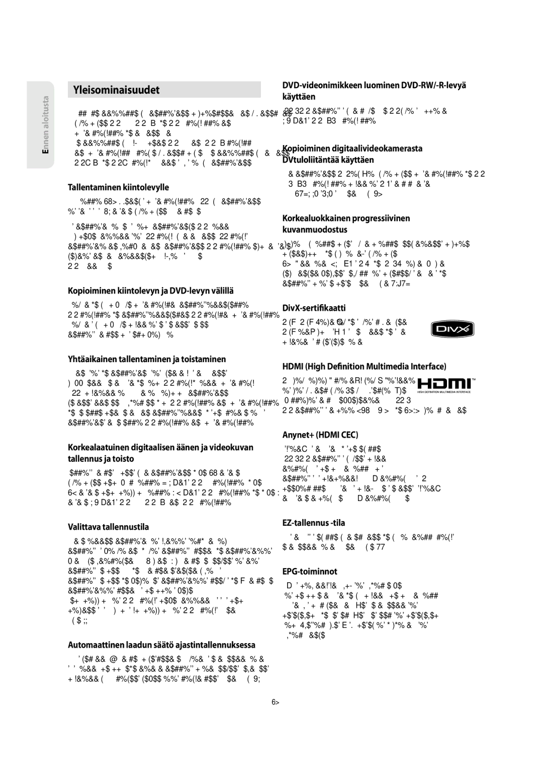 Samsung DVD-SH853/XEE manual Yleisominaisuudet 