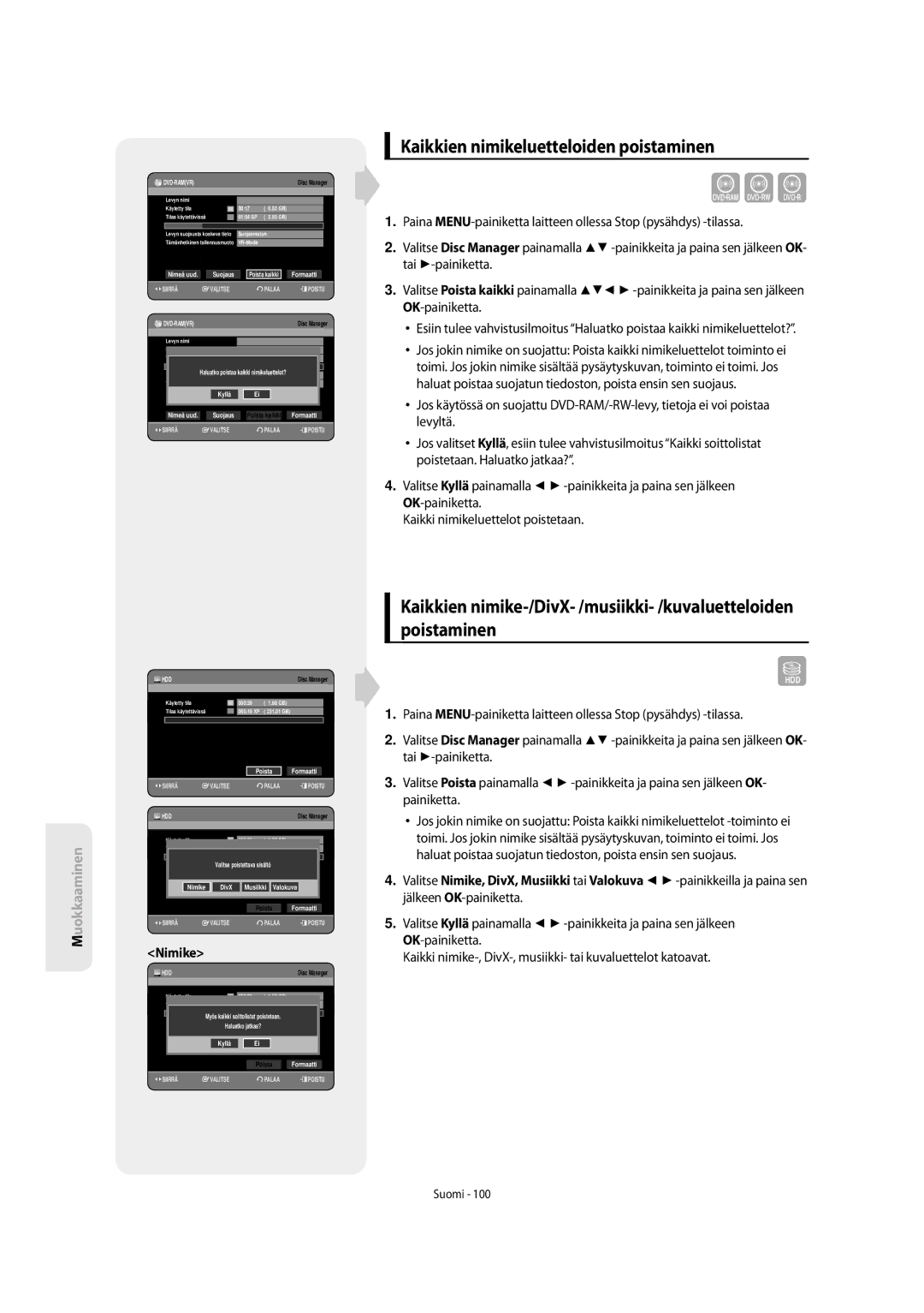 Samsung DVD-SH853/XEE manual Kaikkien nimikeluetteloiden poistaminen, Nimike 