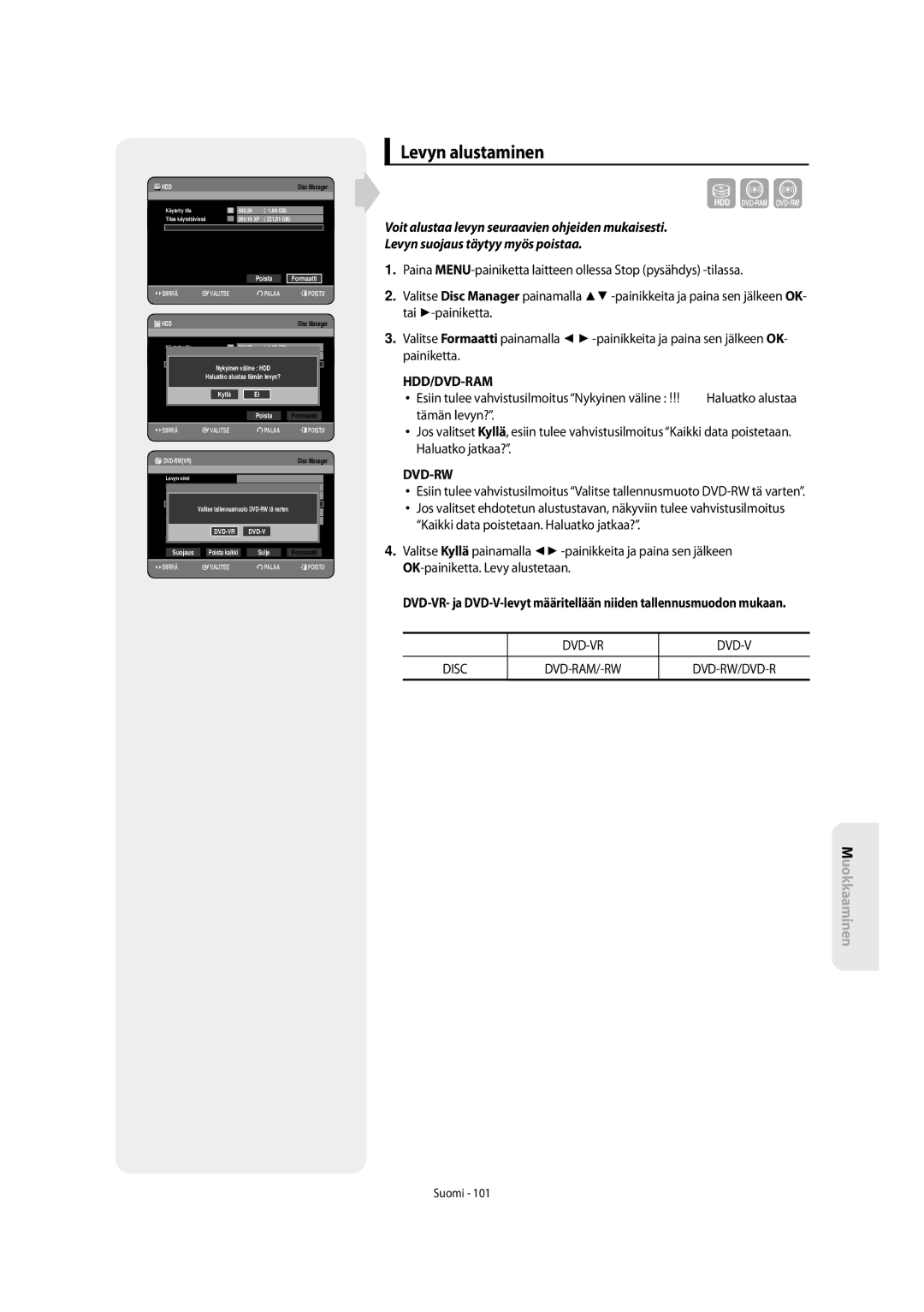 Samsung DVD-SH853/XEE manual Levyn alustaminen, Hdd/Dvd-Ram 