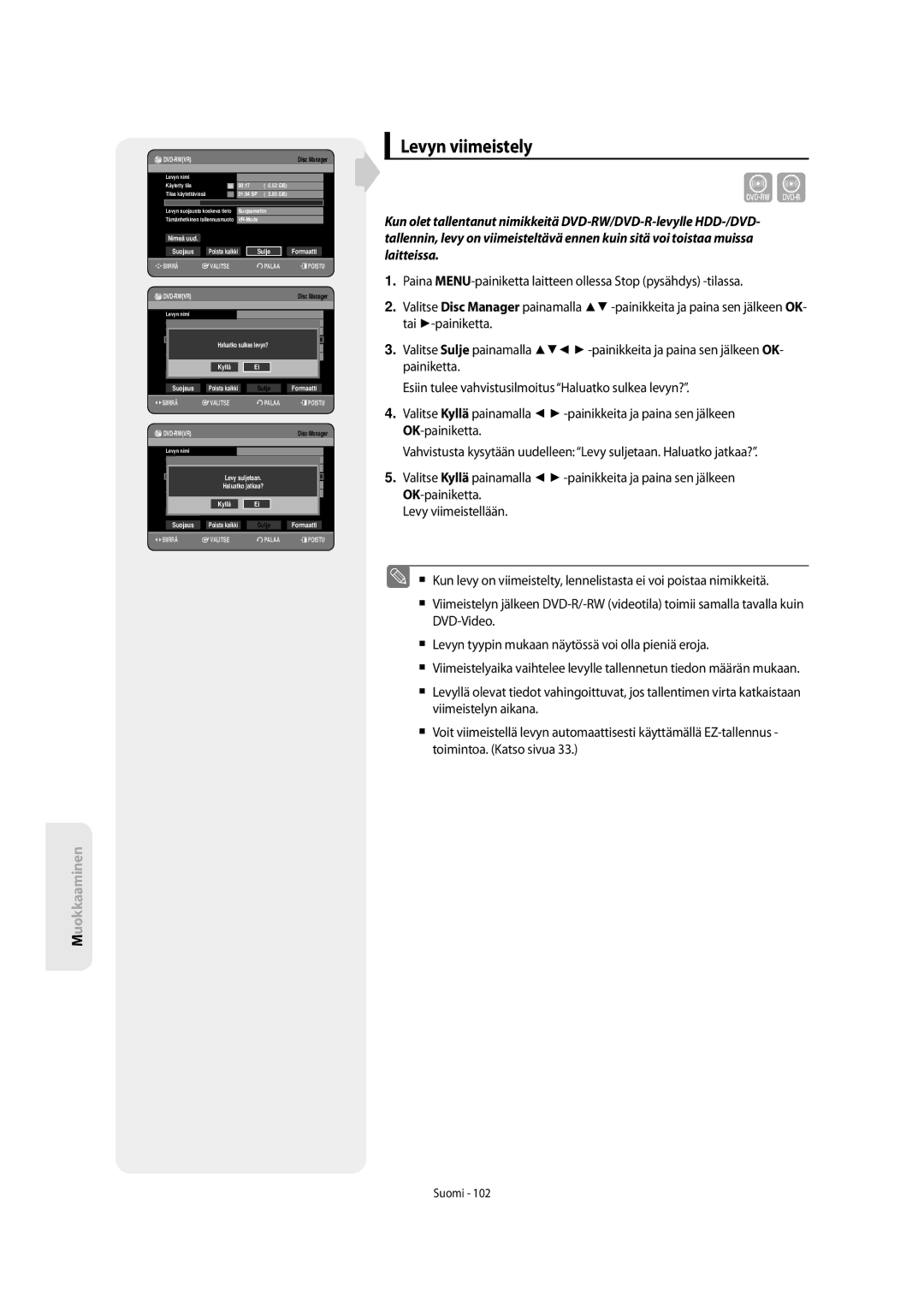 Samsung DVD-SH853/XEE manual Levyn viimeistely, Dvd-Rwvr 