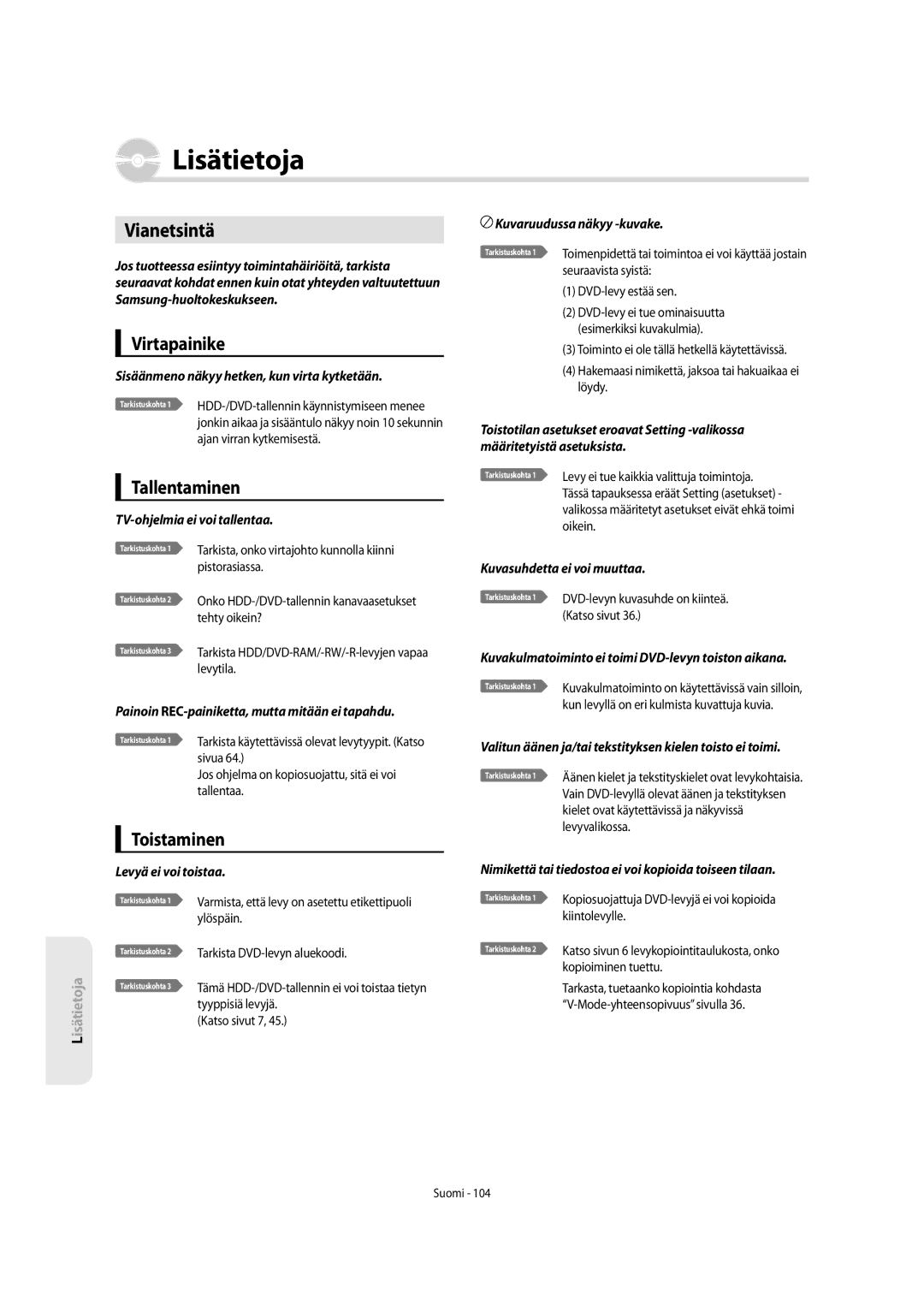 Samsung DVD-SH853/XEE manual Vianetsintä, Virtapainike, Tallentaminen, Toistaminen 