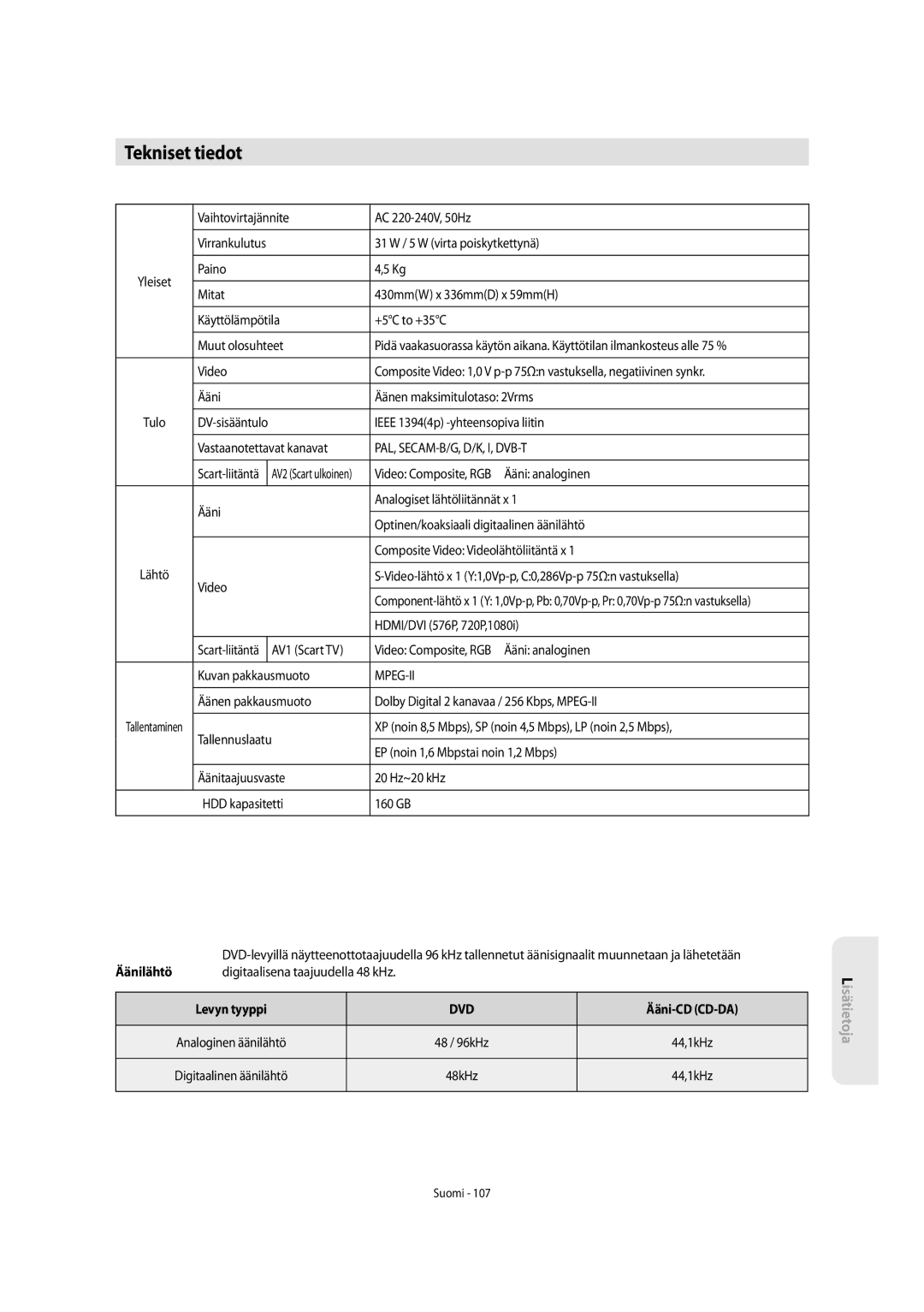 Samsung DVD-SH853/XEE manual Tekniset tiedot, Dvd 