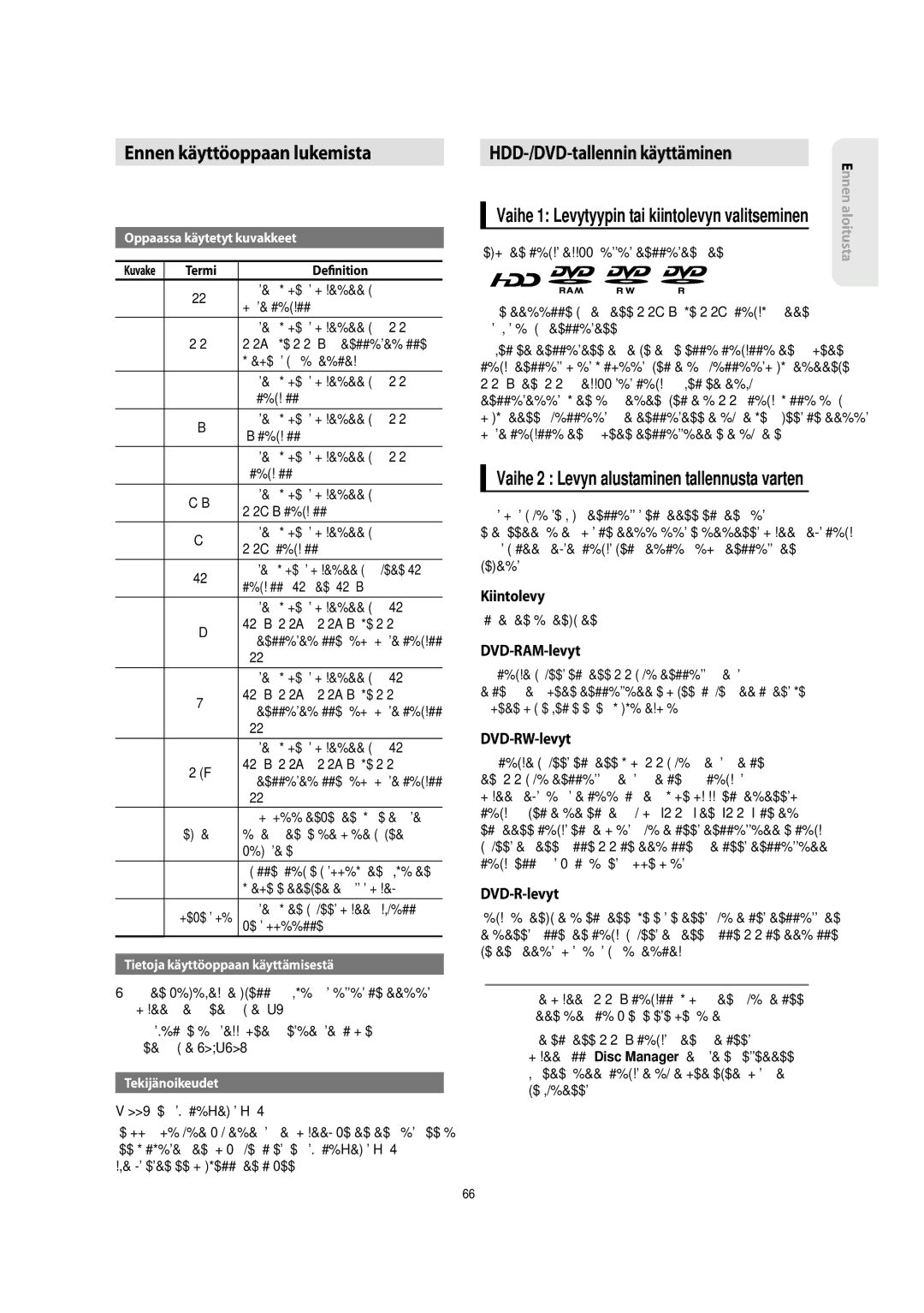 Samsung DVD-SH853/XEE manual Ennen käyttöoppaan lukemista, HDD-/DVD-tallennin käyttäminen 