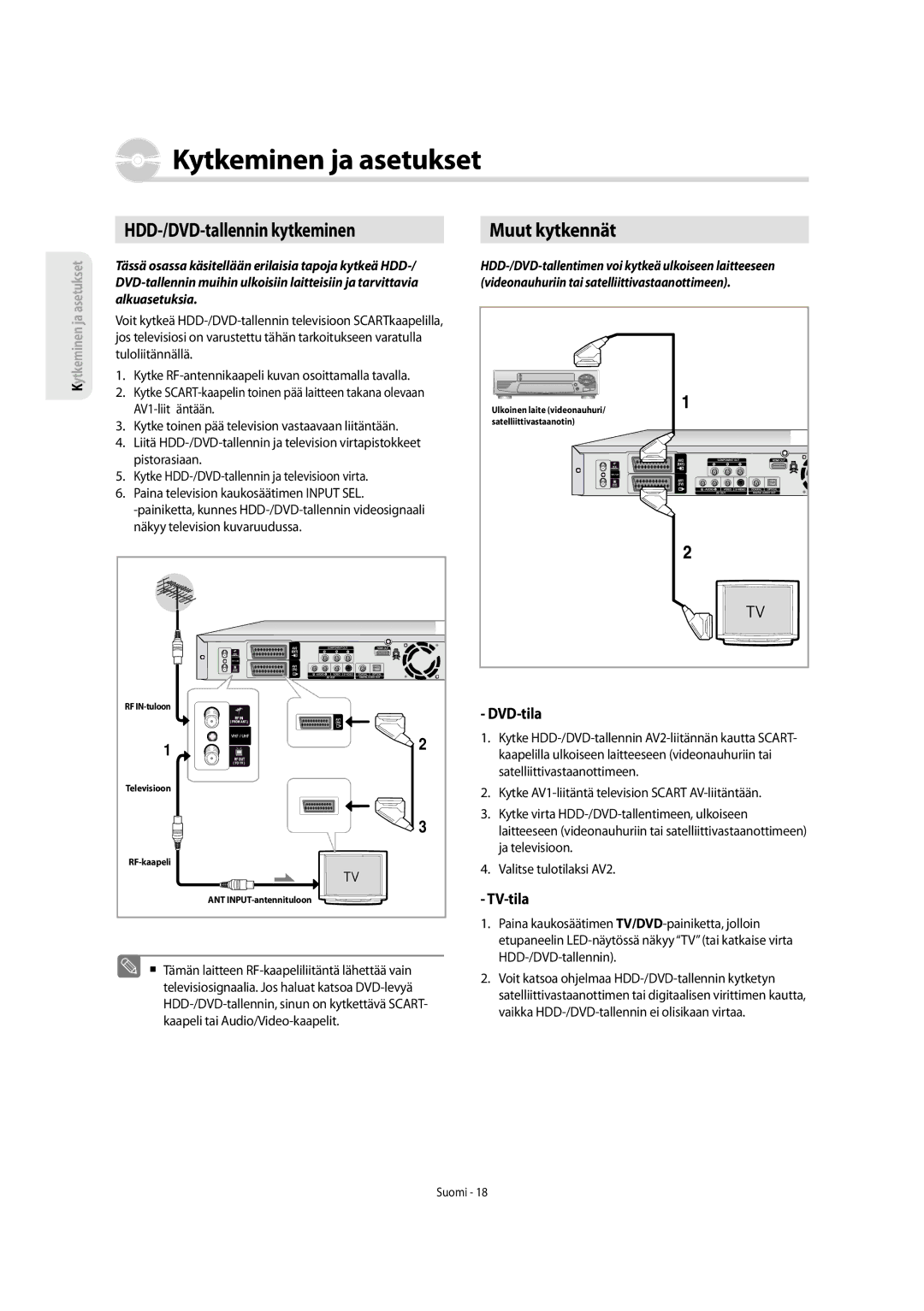 Samsung DVD-SH853/XEE manual DVD-tila, TV-tila, Videonauhuriin tai satelliittivastaanottimeen, Alkuasetuksia 