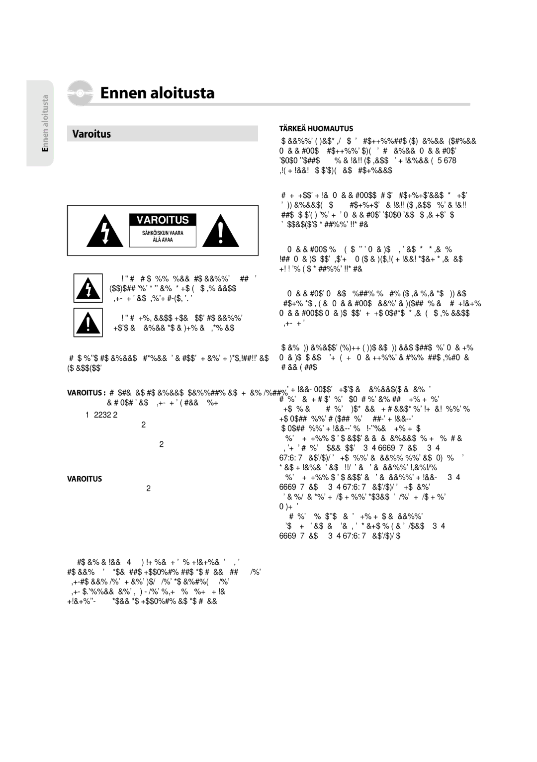 Samsung DVD-SH853/XEE manual Varoitus, Tärkeä Huomautus 