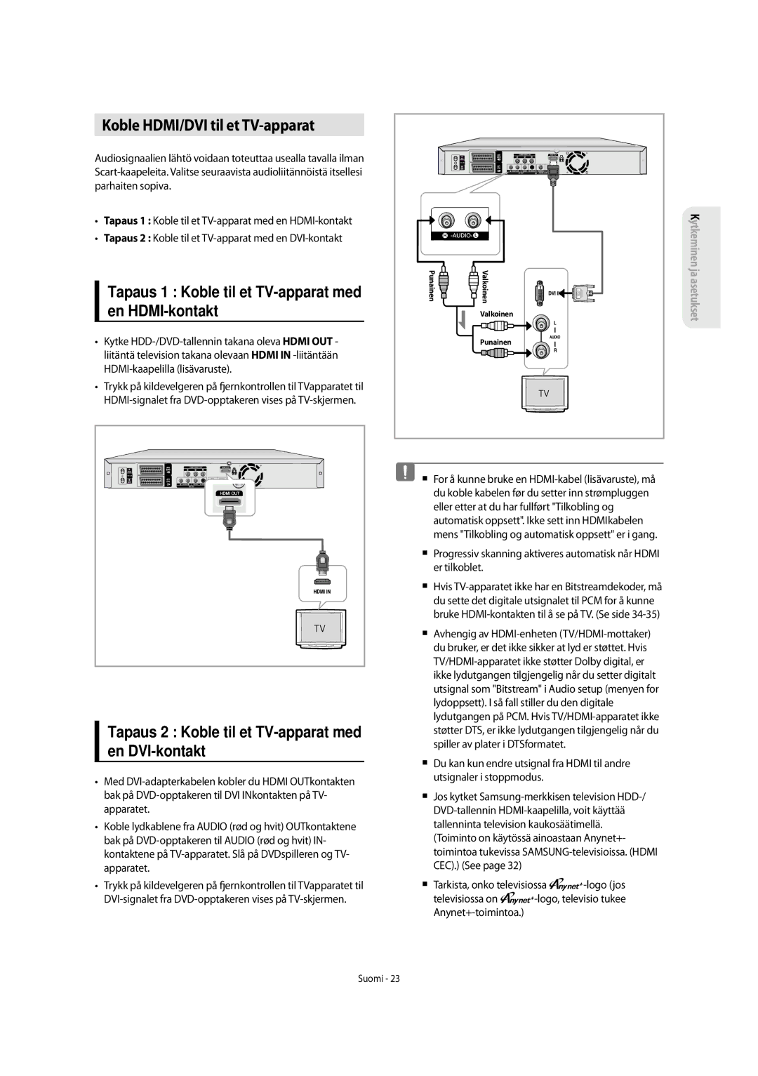 Samsung DVD-SH853/XEE manual Koble HDMI/DVI til et TV-apparat, Tapaus 1 Koble til et TV-apparat med en HDMI-kontakt 