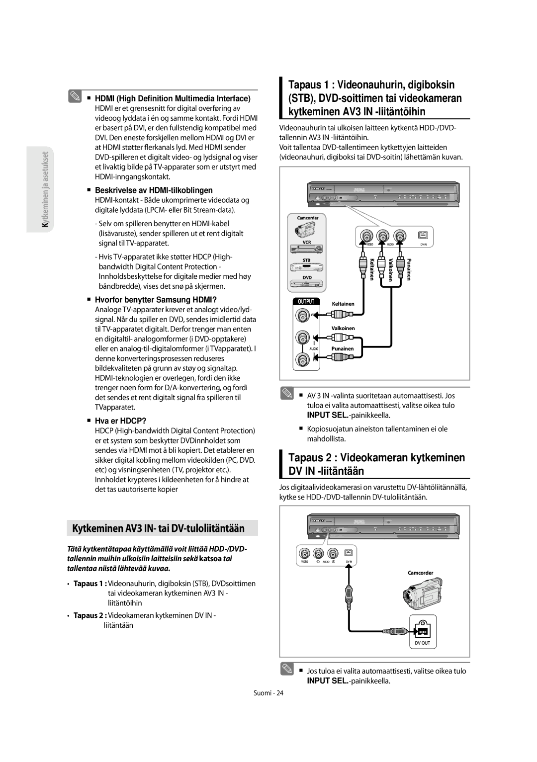 Samsung DVD-SH853/XEE manual Tapaus 2 Videokameran kytkeminen DV in -liitäntään, Kytkeminen AV3 IN- tai DV-tuloliitäntään 