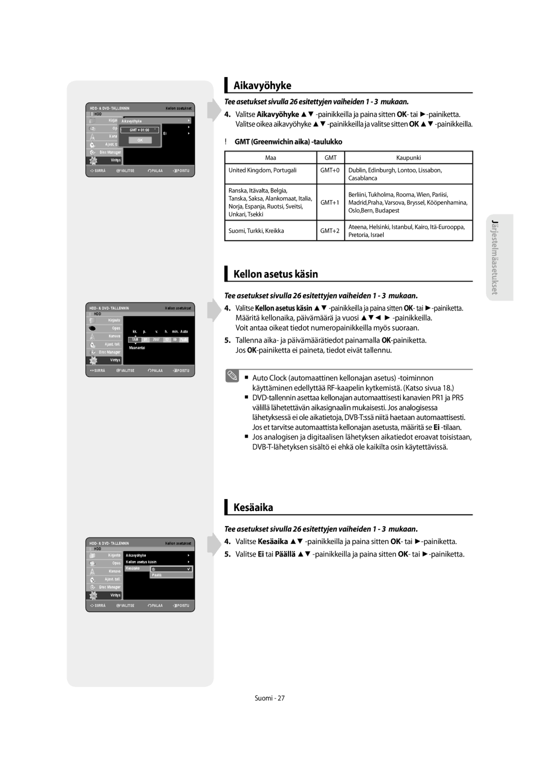 Samsung DVD-SH853/XEE Aikavyöhyke, Kellon asetus käsin, Kesäaika, Voit antaa oikeat tiedot numeropainikkeilla myös suoraan 