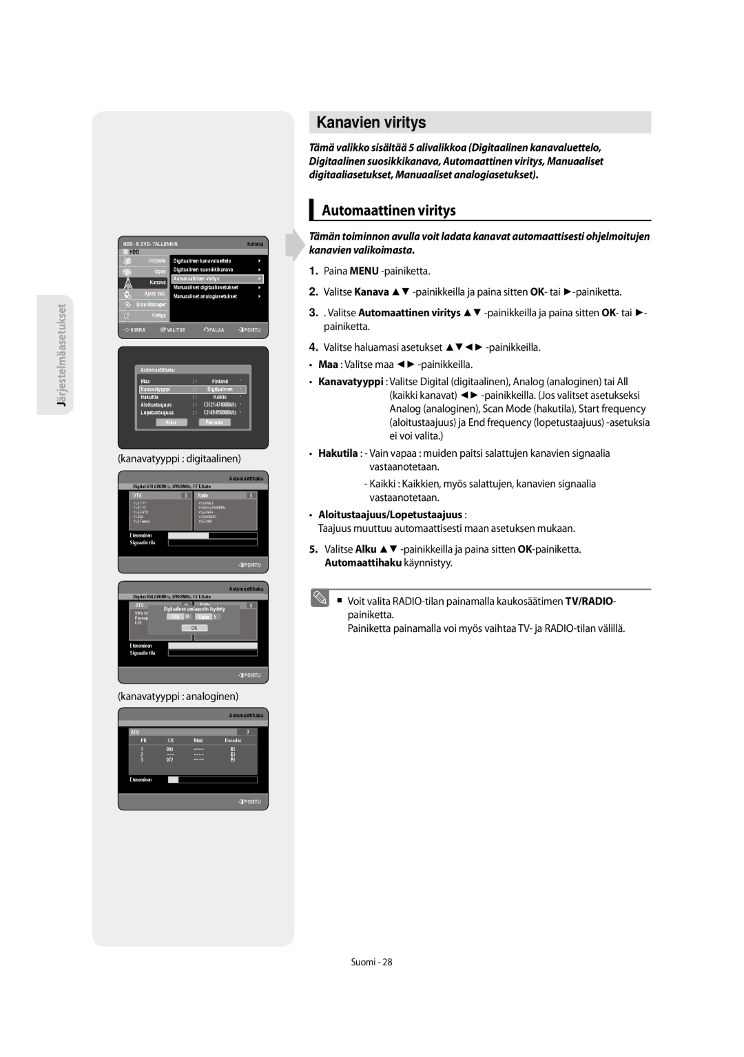 Samsung DVD-SH853/XEE manual Kanavien viritys, Automaattinen viritys, Aloitustaajuus/Lopetustaajuus 