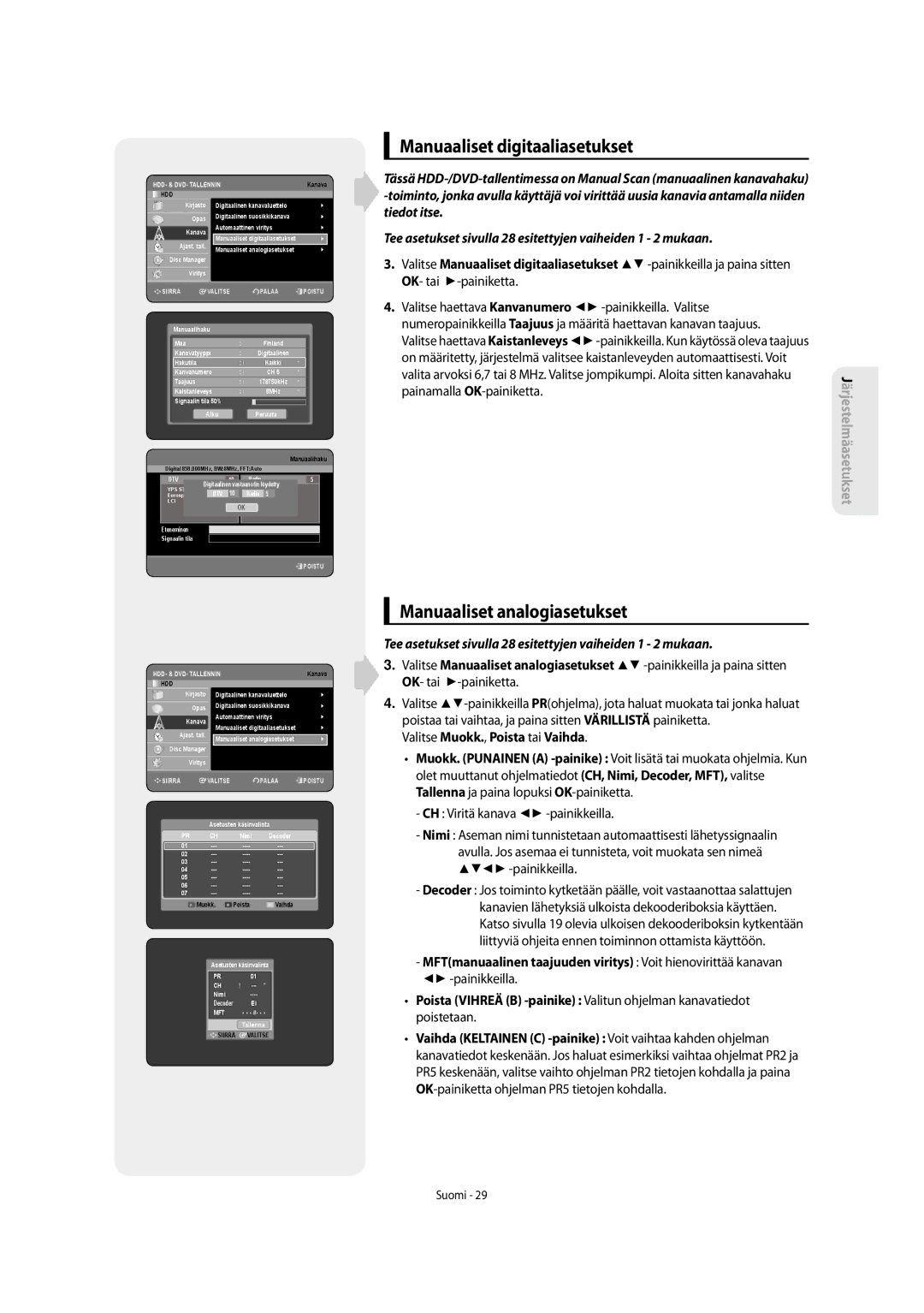 Samsung DVD-SH853/XEE Manuaaliset digitaaliasetukset, Manuaaliset analogiasetukset, Valitse Muokk., Poista tai Vaihda 