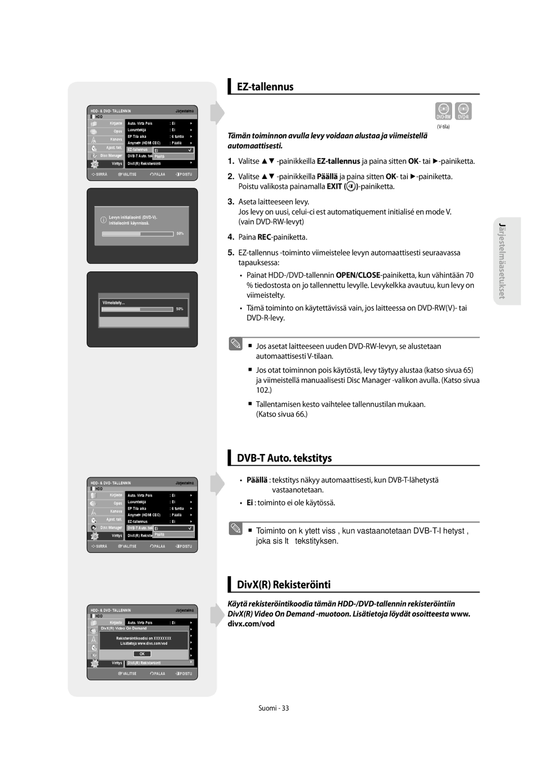 Samsung DVD-SH853/XEE manual EZ-tallennus, DVB-T Auto. tekstitys, DivXR Rekisteröinti 