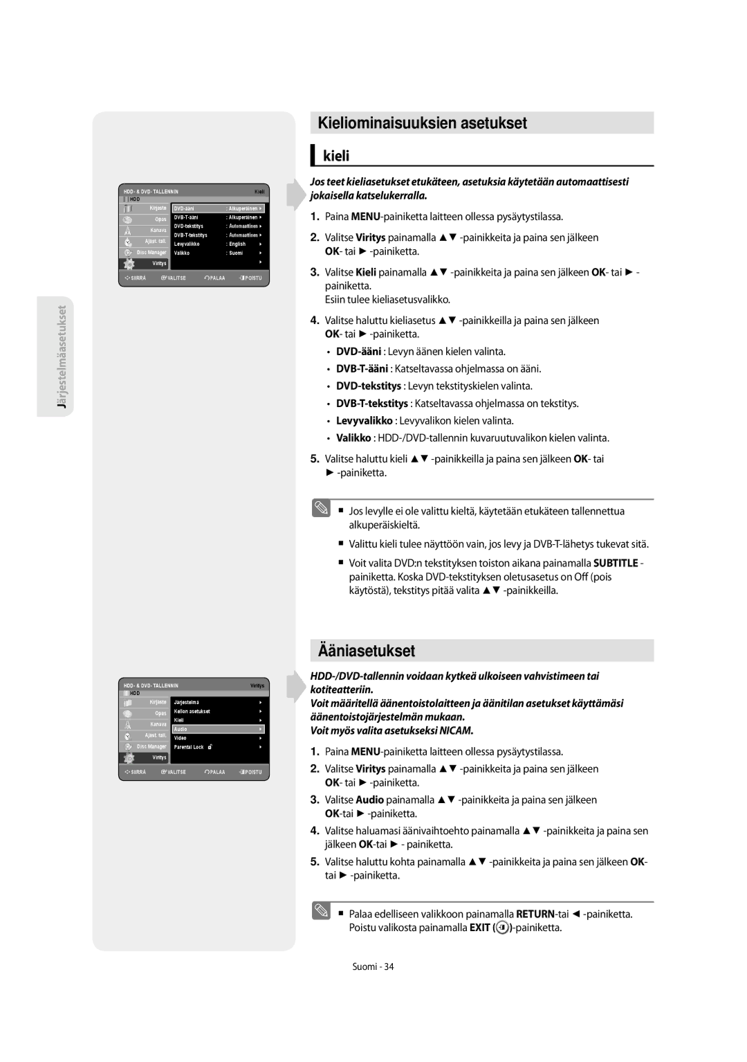 Samsung DVD-SH853/XEE manual Kieliominaisuuksien asetukset, Ääniasetukset 