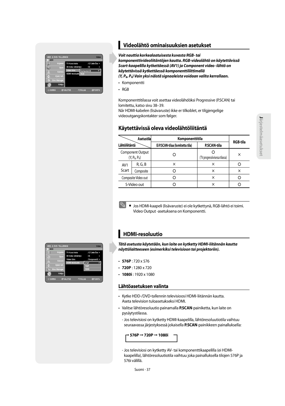 Samsung DVD-SH853/XEE manual Videolähtö ominaisuuksien asetukset, Käytettävissä oleva videolähtöliitäntä, HDMI-resoluutio 