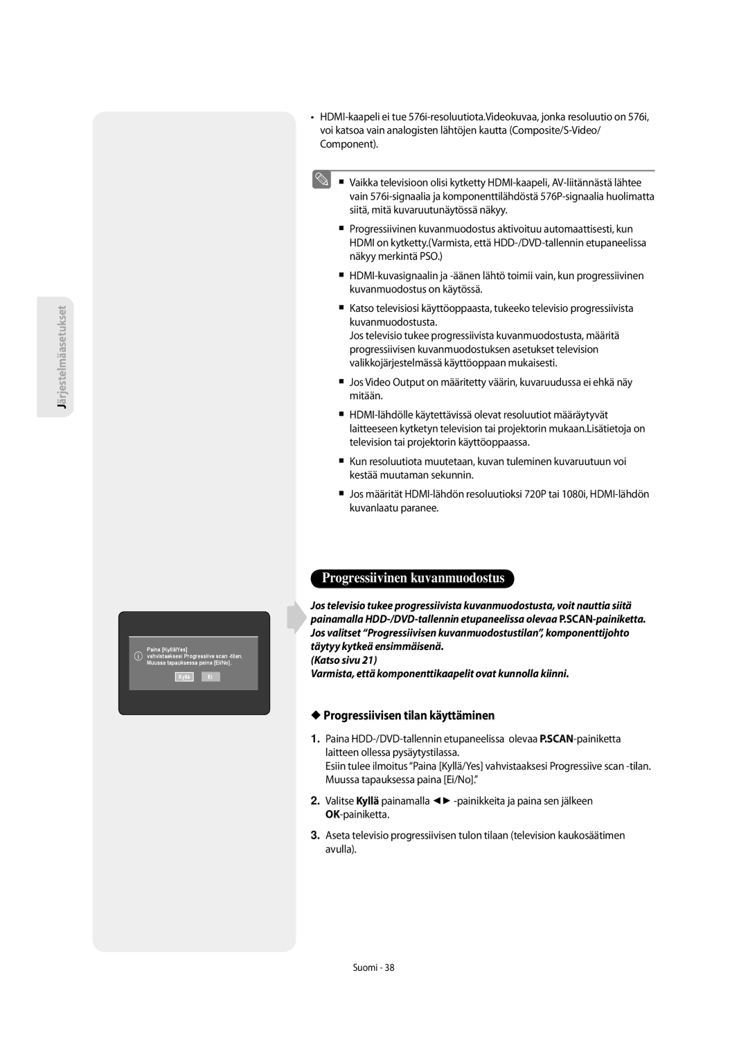 Samsung DVD-SH853/XEE manual Progressiivinen kuvanmuodostus, Progressiivisen tilan käyttäminen 