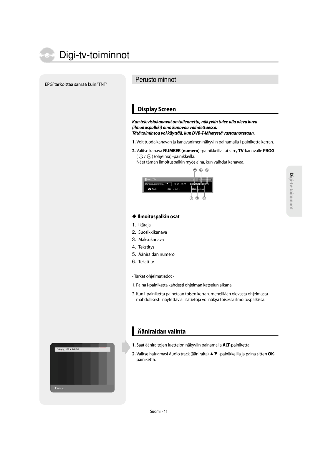 Samsung DVD-SH853/XEE manual Perustoiminnot, Display Screen, Ääniraidan valinta, Ilmoituspalkin osat 