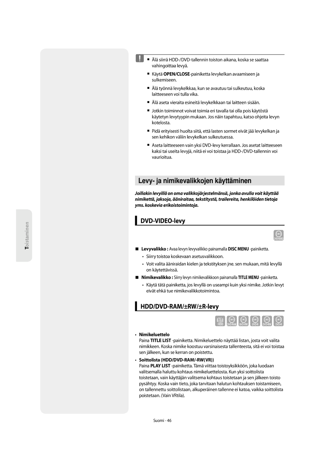 Samsung DVD-SH853/XEE manual Levy- ja nimikevalikkojen käyttäminen, DVD-VIDEO-levy, HDD/DVD-RAM/±RW/±R-levy, Nimikeluettelo 