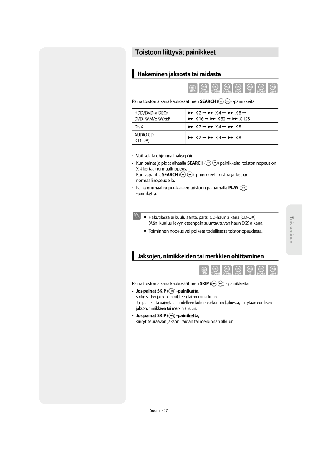 Samsung DVD-SH853/XEE manual Toistoon liittyvät painikkeet, Hakeminen jaksosta tai raidasta, Jos painat Skip -painiketta 