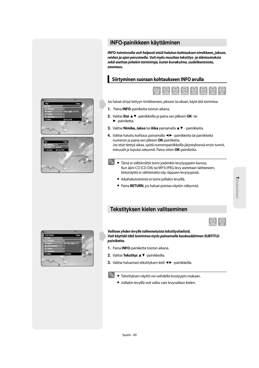 Samsung DVD-SH853/XEE manual INFO-painikkeen käyttäminen, Tekstityksen kielen valitseminen 