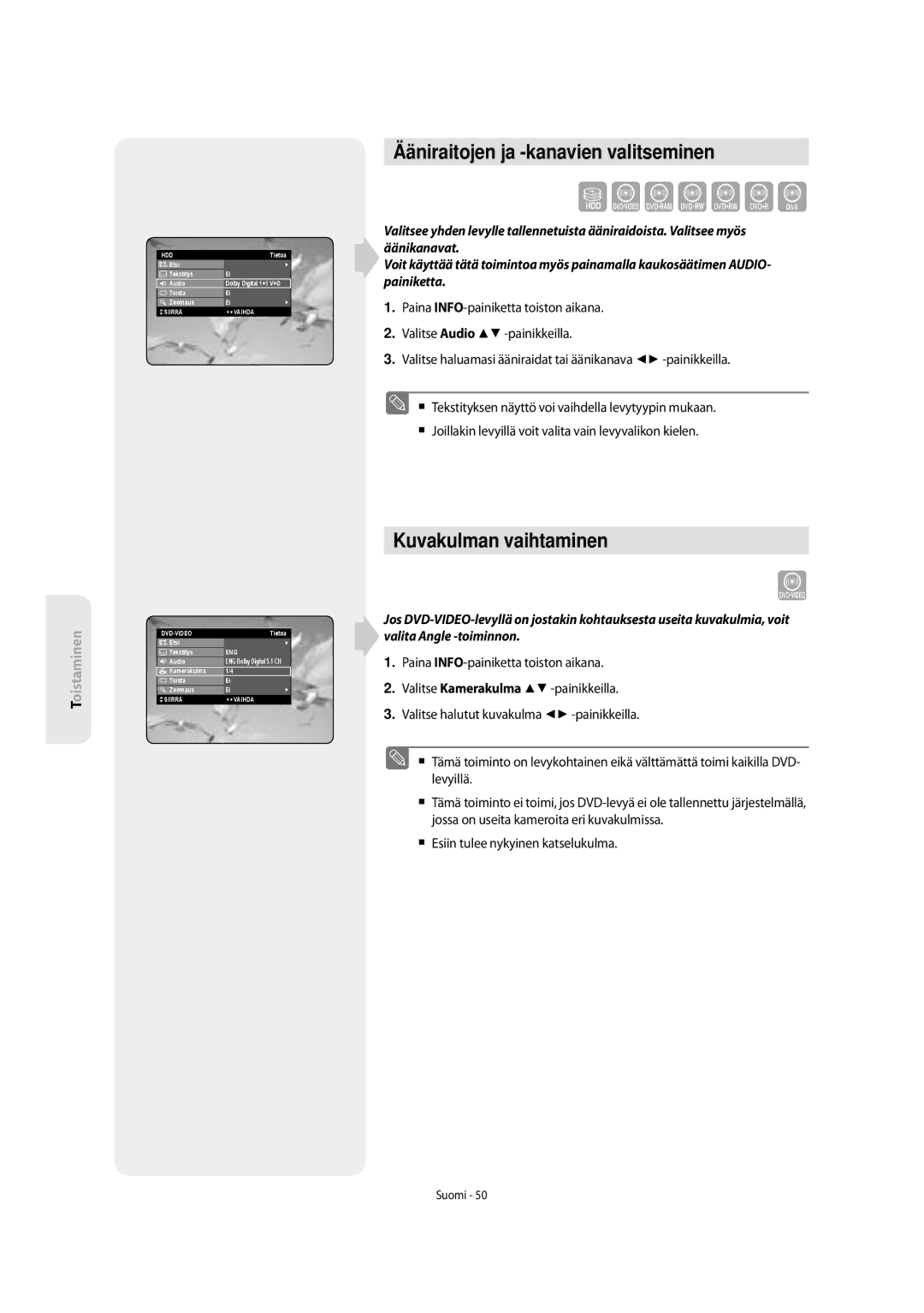 Samsung DVD-SH853/XEE Ääniraitojen ja -kanavien valitseminen, Kuvakulman vaihtaminen,  Esiin tulee nykyinen katselukulma 