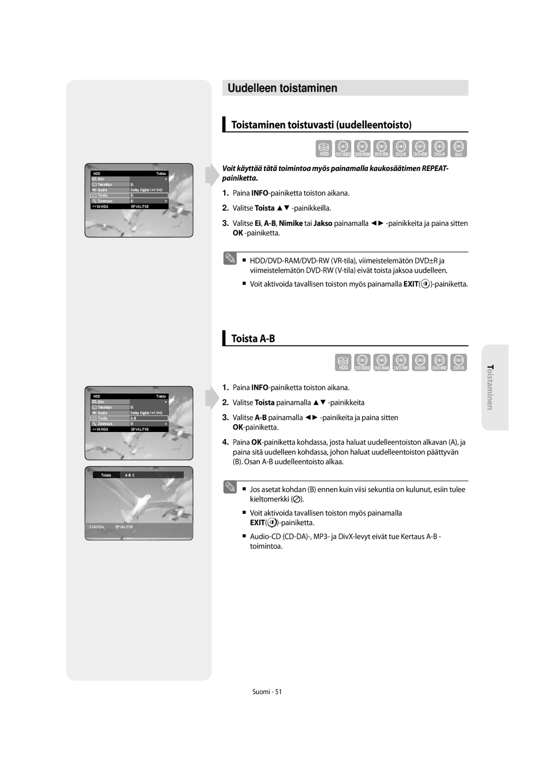 Samsung DVD-SH853/XEE manual Uudelleen toistaminen, Toistaminen toistuvasti uudelleentoisto, Toista A-B 