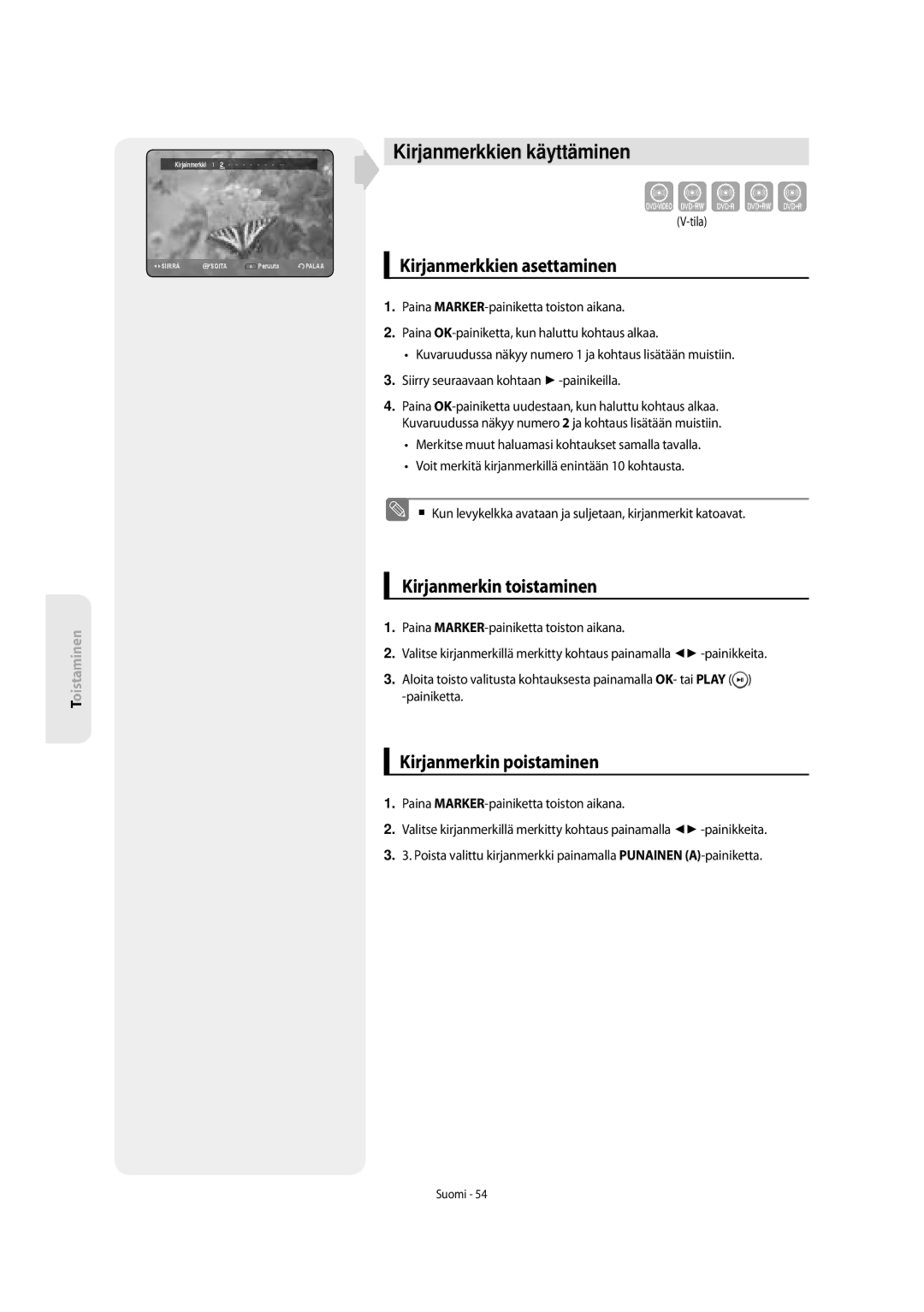 Samsung DVD-SH853/XEE manual Kirjanmerkkien käyttäminen, Kirjanmerkkien asettaminen, Kirjanmerkin toistaminen 