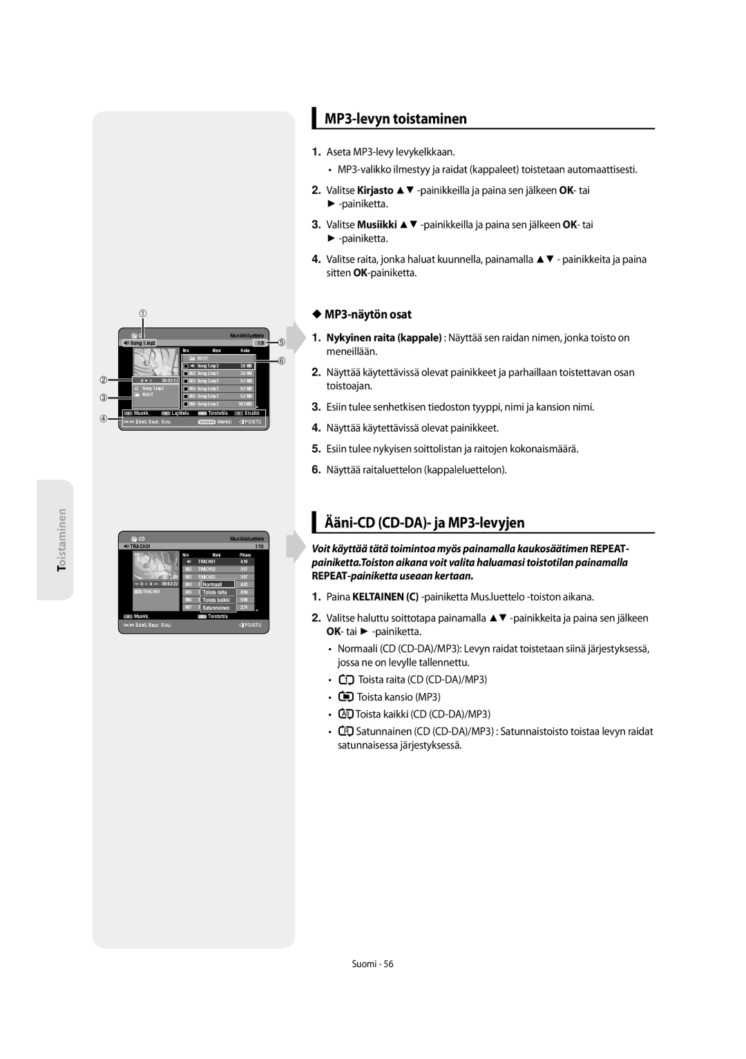 Samsung DVD-SH853/XEE manual MP3-levyn toistaminen, Ääni-CD CD-DA- ja MP3-levyjen, MP3-näytön osat 