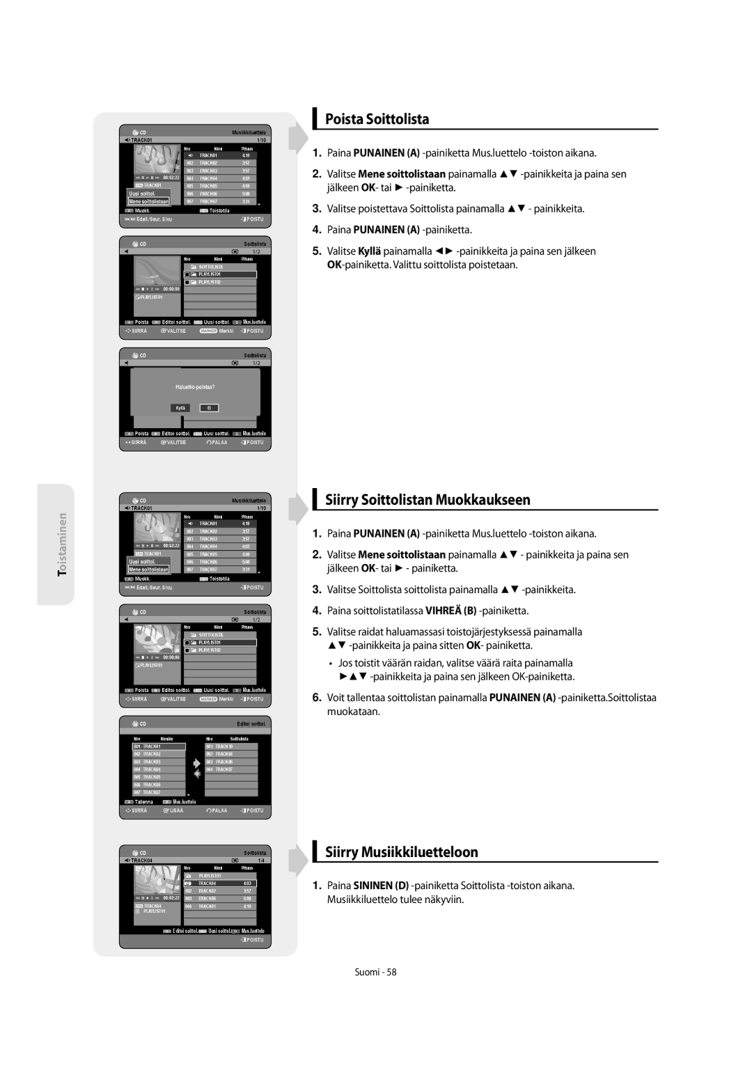 Samsung DVD-SH853/XEE manual Poista Soittolista, Siirry Soittolistan Muokkaukseen, Siirry Musiikkiluetteloon 