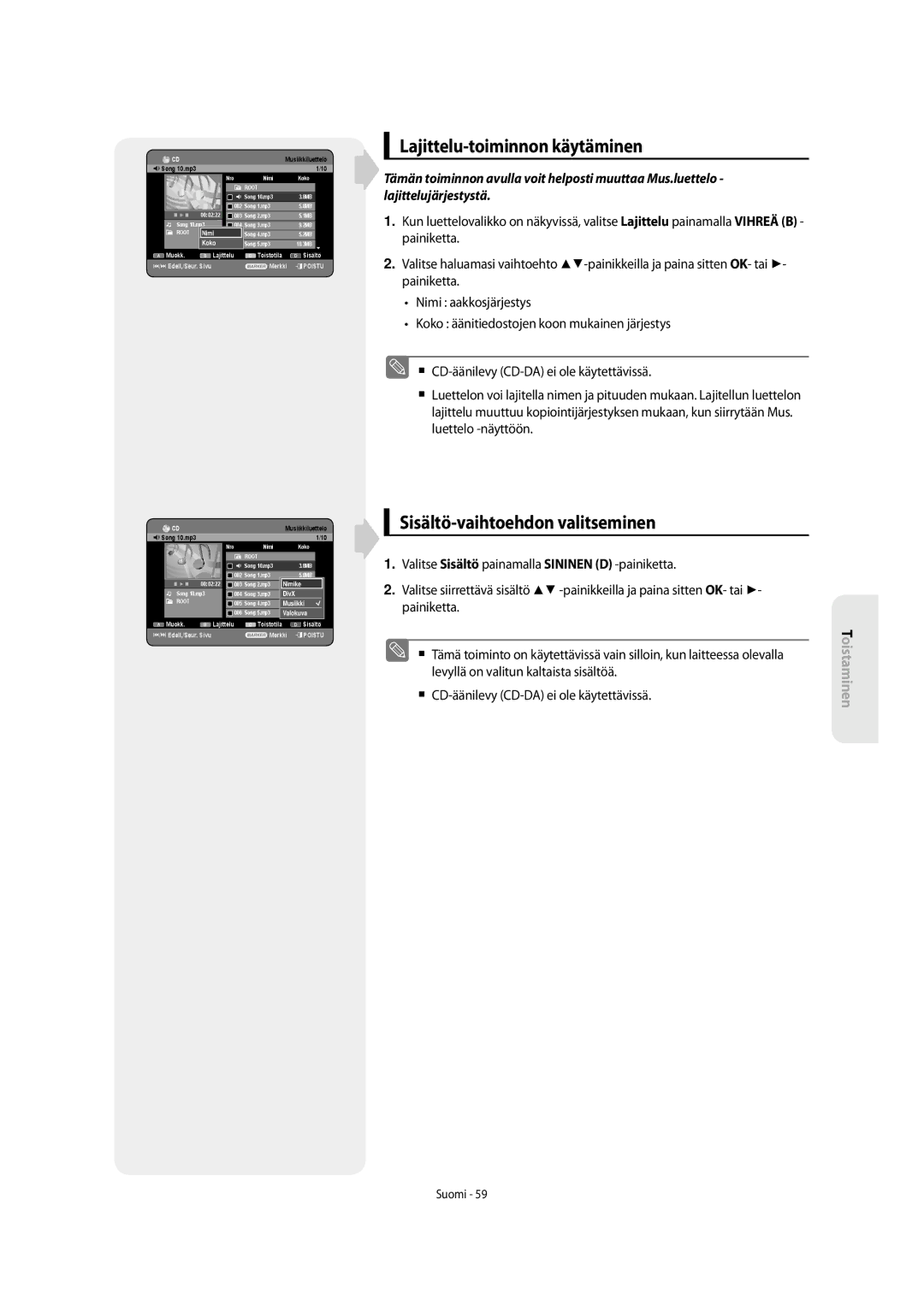 Samsung DVD-SH853/XEE manual Lajittelu-toiminnon käytäminen, Sisältö-vaihtoehdon valitseminen 