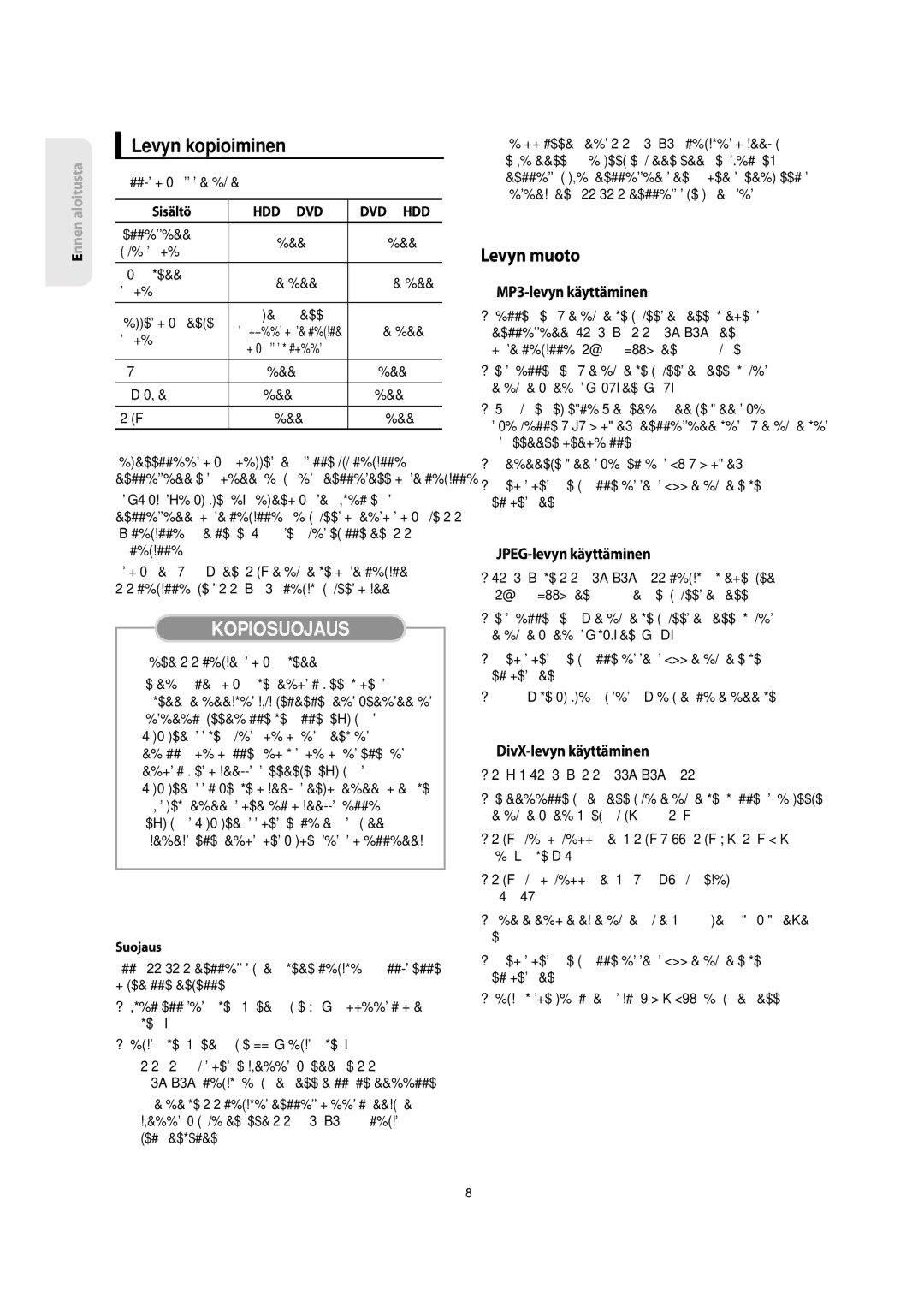 Samsung DVD-SH853/XEE manual Levyn kopioiminen, Levyn muoto, MP3-levyn käyttäminen, JPEG-levyn käyttäminen 