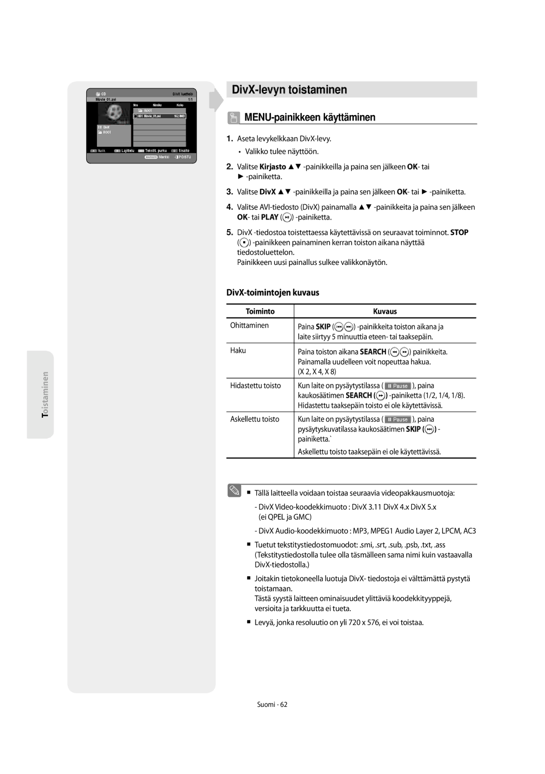 Samsung DVD-SH853/XEE manual DivX-levyn toistaminen, DivX-toimintojen kuvaus, Toiminto Kuvaus 