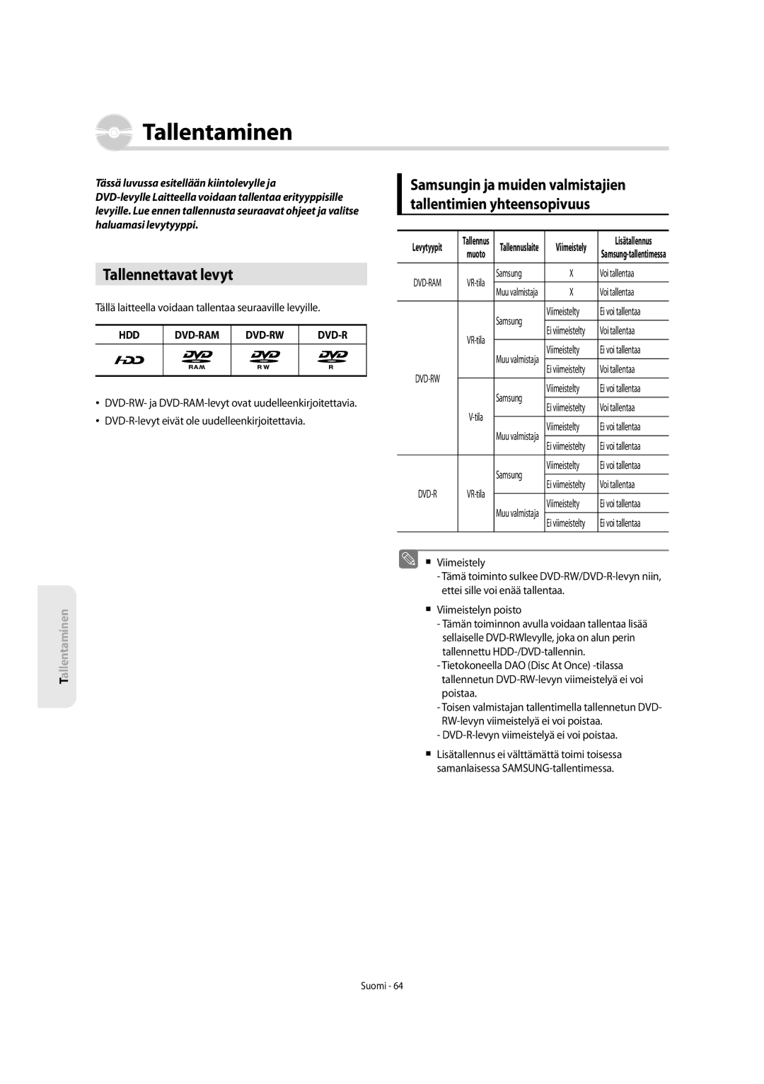 Samsung DVD-SH853/XEE manual Tallennettavat levyt 