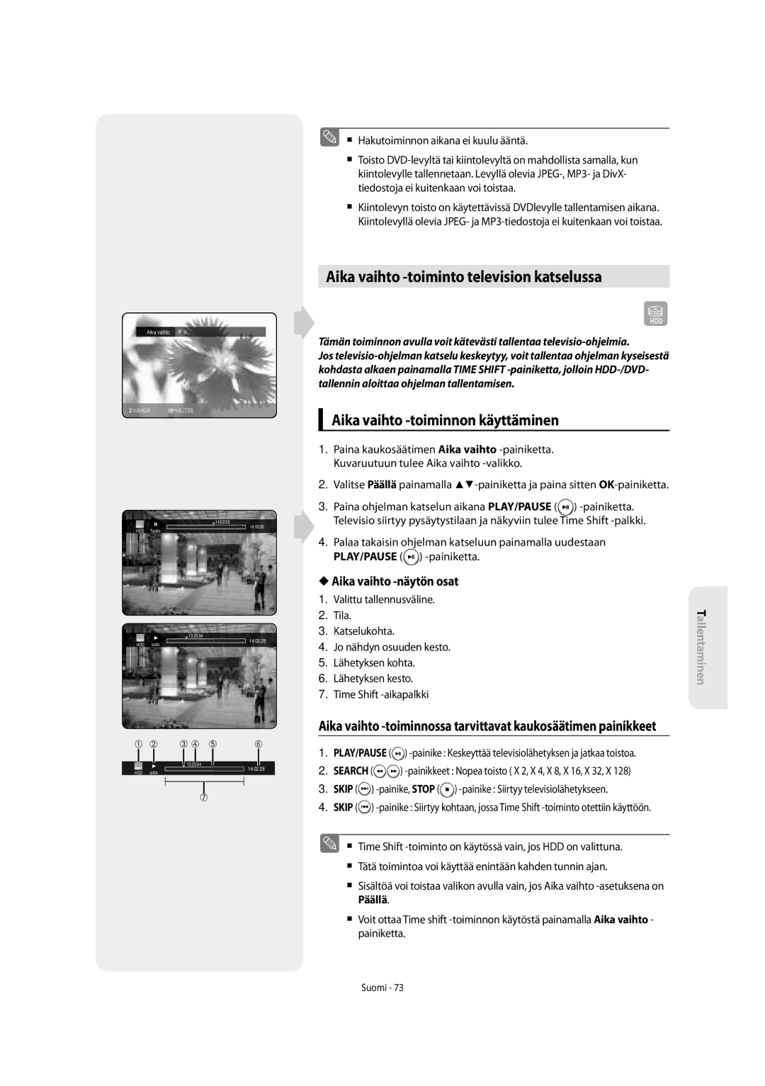 Samsung DVD-SH853/XEE manual Aika vaihto -toiminto television katselussa, Aika vaihto -toiminnon käyttäminen 