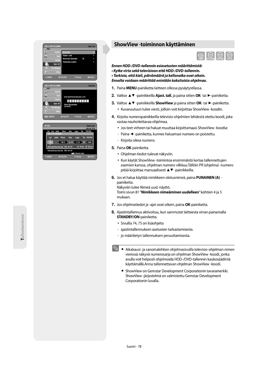 Samsung DVD-SH853/XEE manual ShowView -toiminnon käyttäminen, Ajast. tall Disc Manager 