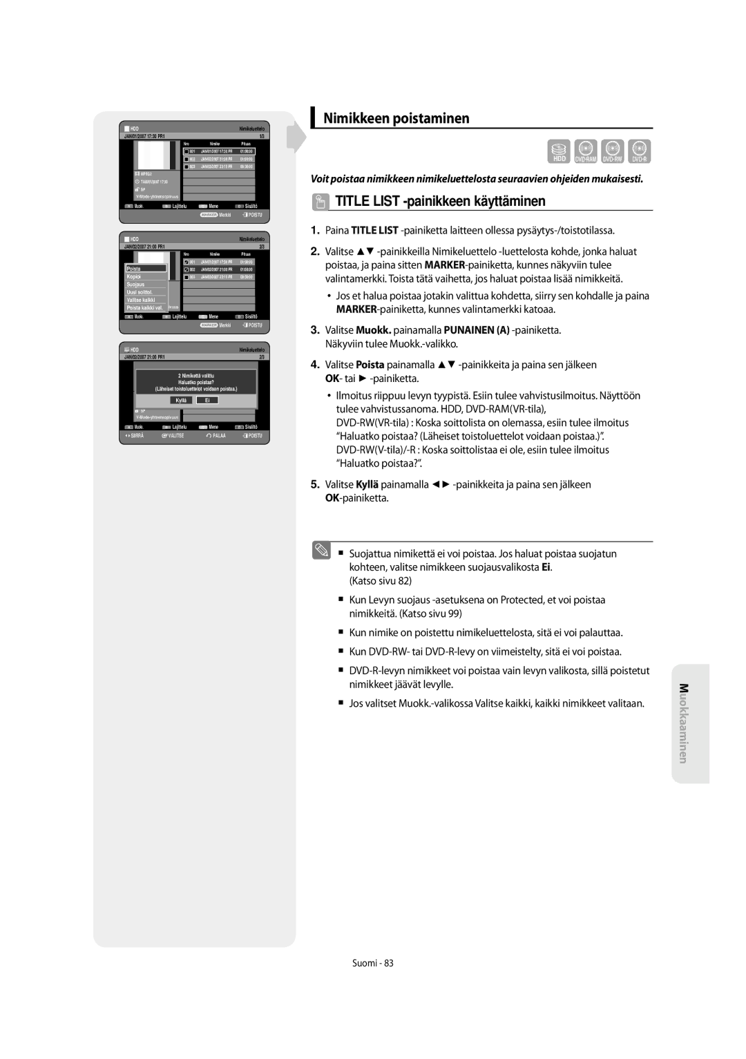 Samsung DVD-SH853/XEE manual Nimikkeen poistaminen, Nimikkeet jäävät levylle 