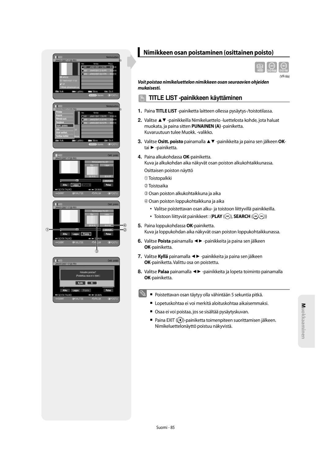 Samsung DVD-SH853/XEE manual Nimikkeen osan poistaminen osittainen poisto, ➃ Osan poiston loppukohtaikkuna ja aika, Search 