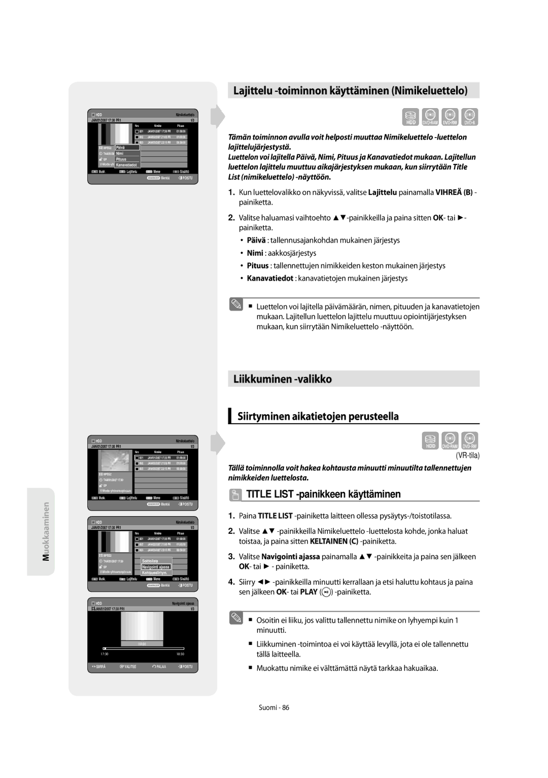 Samsung DVD-SH853/XEE manual Lajittelu -toiminnon käyttäminen Nimikeluettelo, Liikkuminen -valikko 