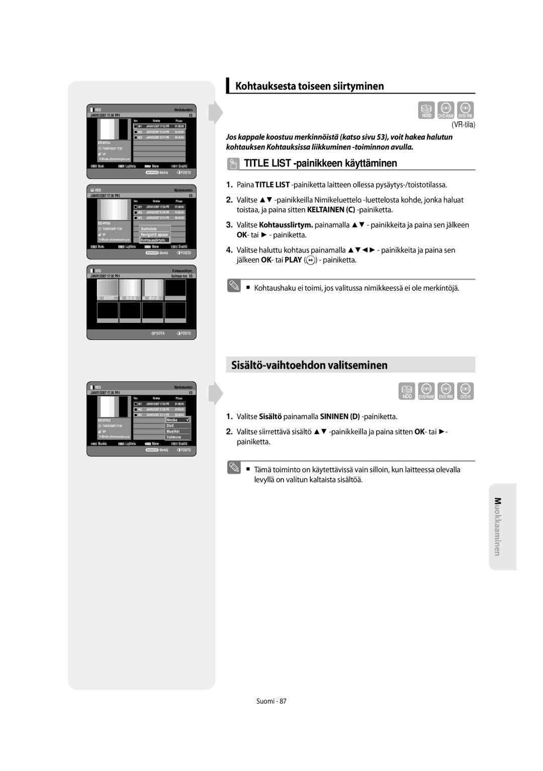 Samsung DVD-SH853/XEE manual Sisältö-vaihtoehdon valitseminen, Kohtauksesta toiseen siirtyminen 