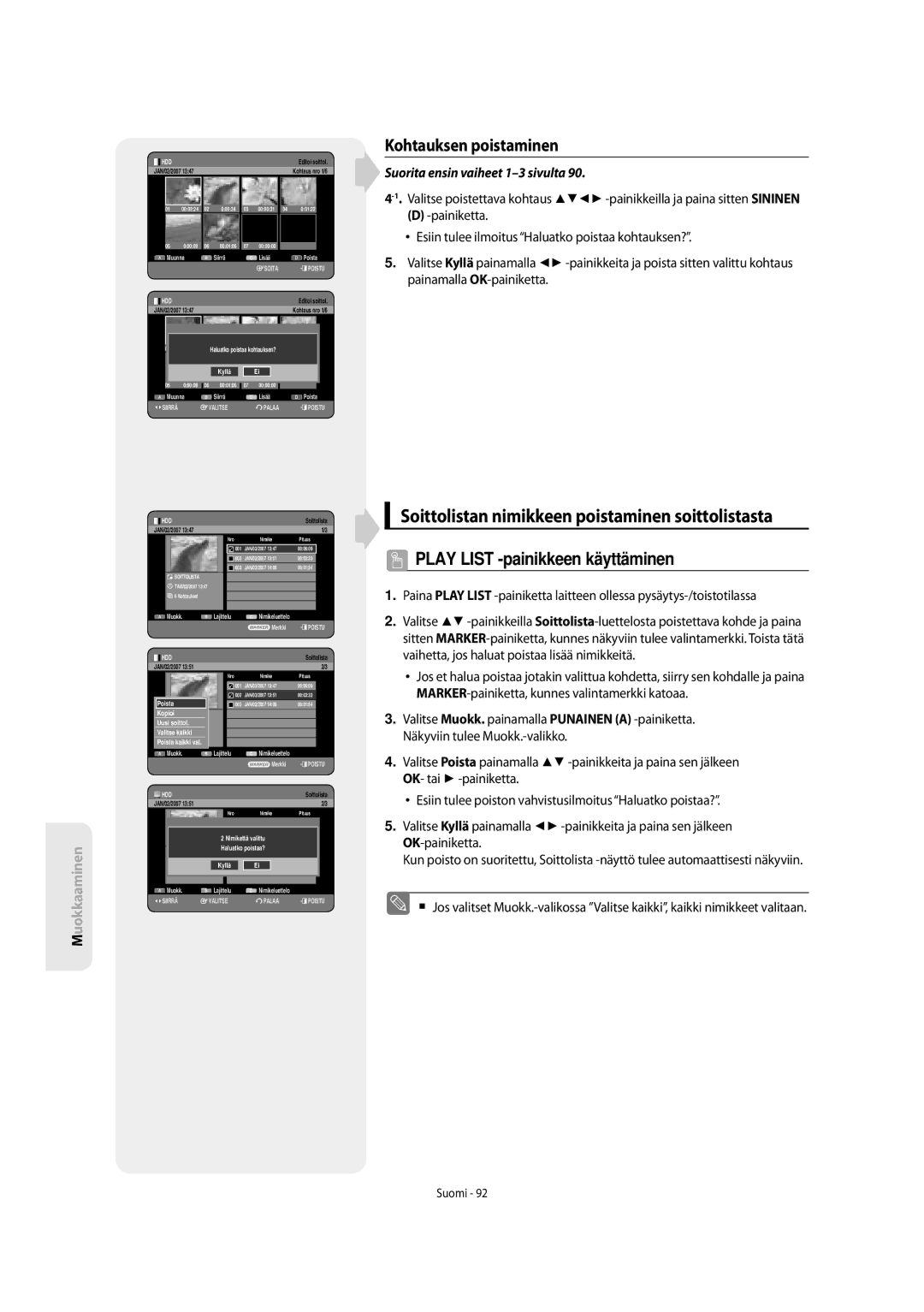 Samsung DVD-SH853/XEE manual Soittolistan nimikkeen poistaminen soittolistasta, Kohtauksen poistaminen 