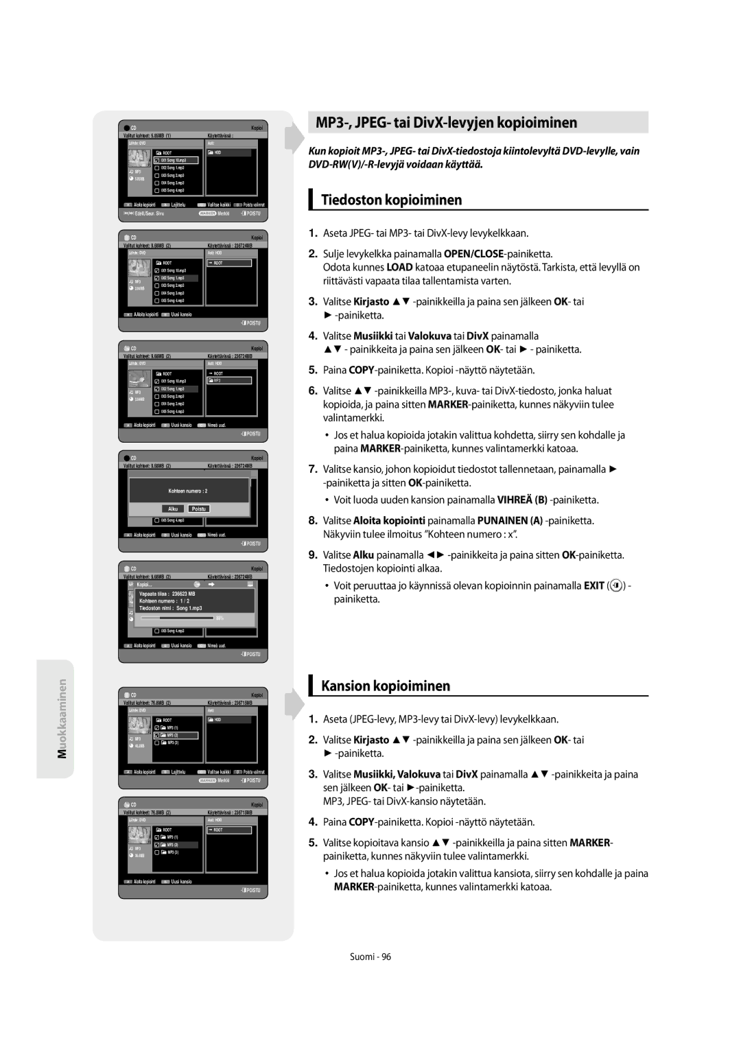 Samsung DVD-SH853/XEE manual MP3-, JPEG- tai DivX-levyjen kopioiminen, Tiedoston kopioiminen, Kansion kopioiminen 