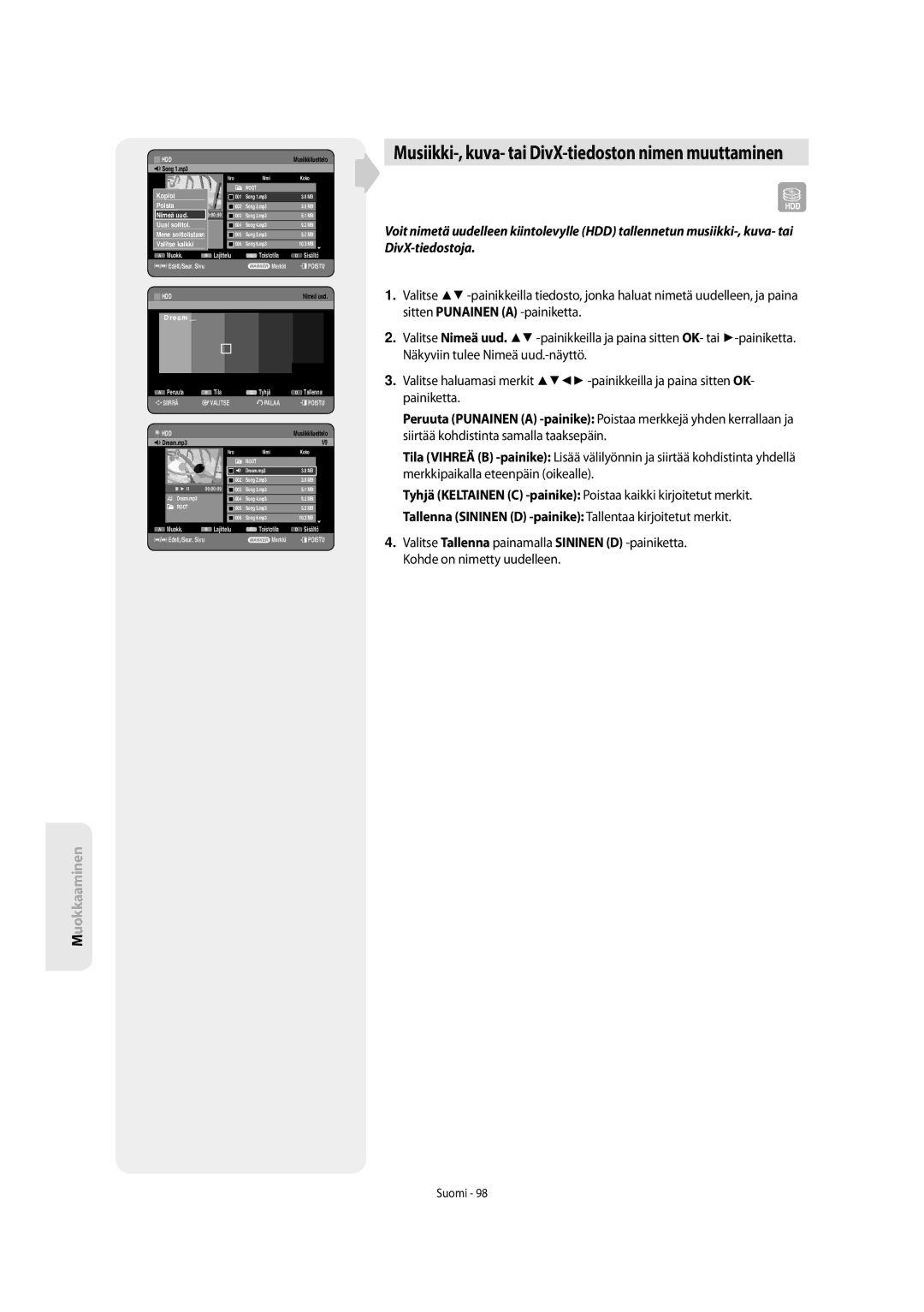 Samsung DVD-SH853/XEE manual Musiikki-, kuva- tai DivX-tiedoston nimen muuttaminen, QDream.mp3 