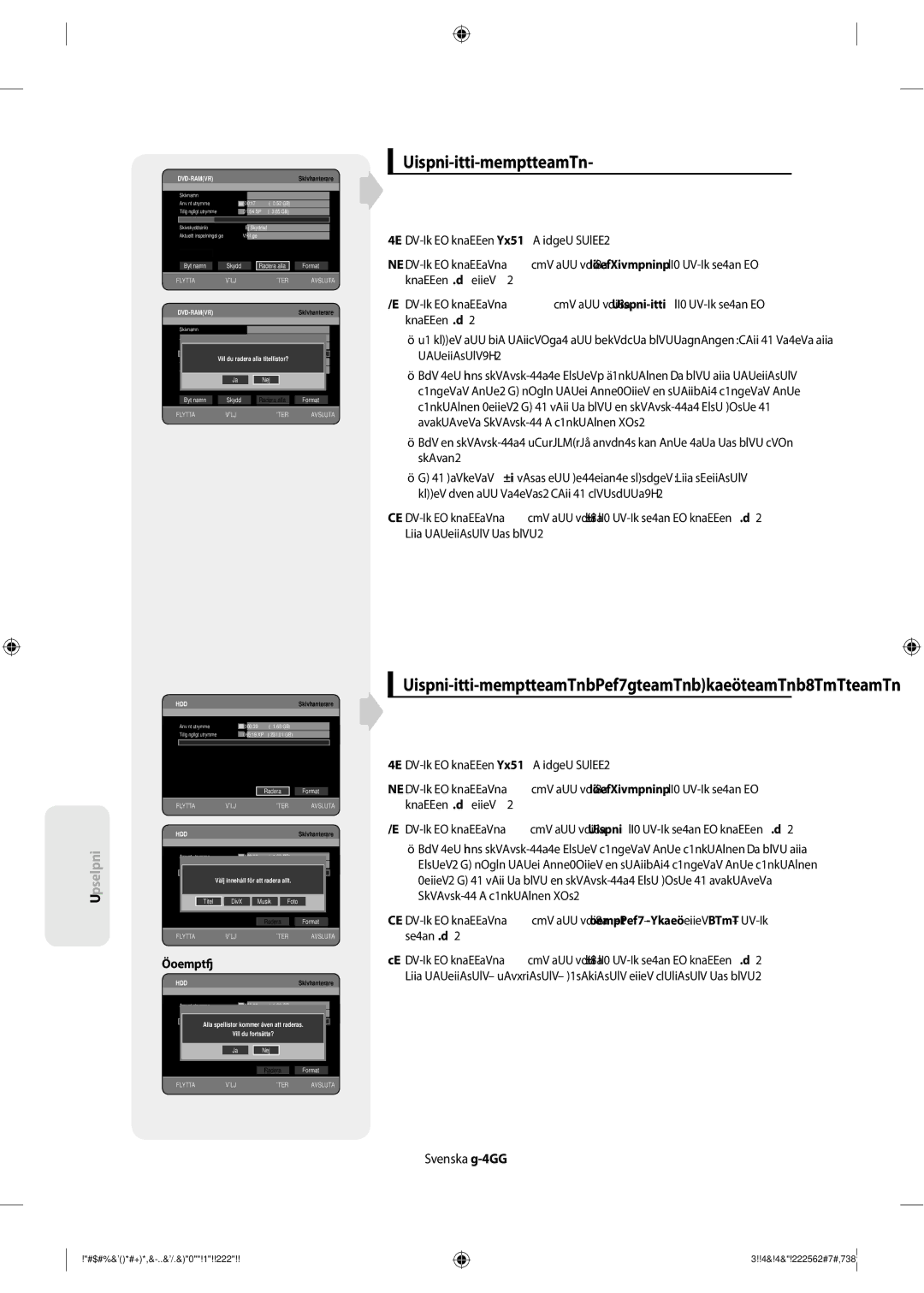 Samsung DVD-SH853/XEE Radera alla titellistor/DivX-listor/musiklistor/fotolistor, Vill du fortsätta? Nej Radera Format 