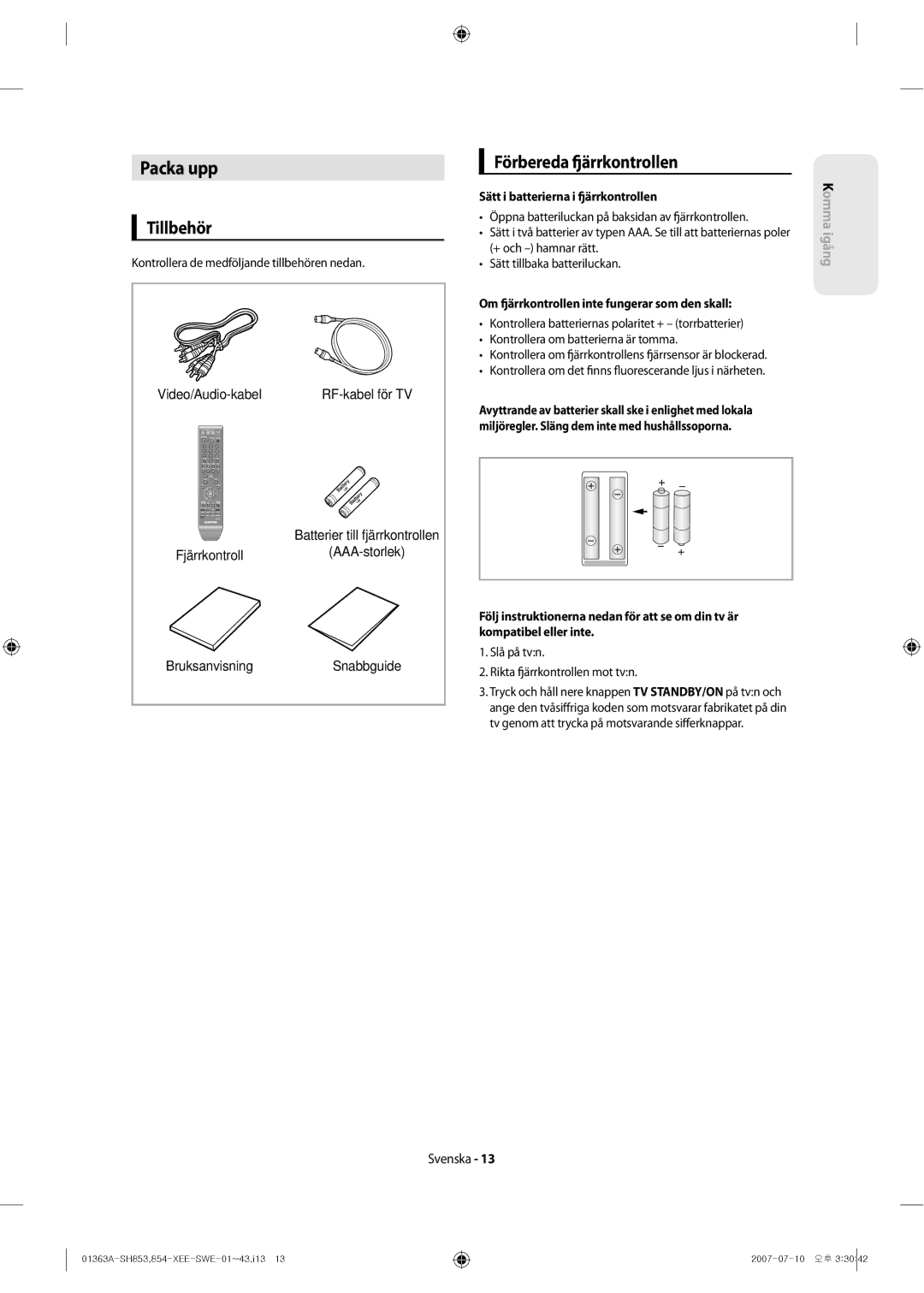 Samsung DVD-SH853/XEE manual Packa upp, Ärrkontrollen, Tillbehör, Förbereda 