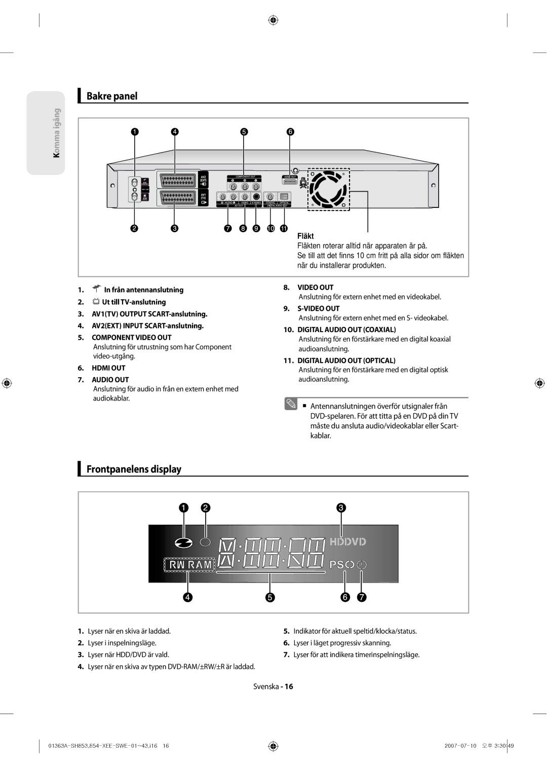 Samsung DVD-SH853/XEE manual Bakre panel, Frontpanelens display 