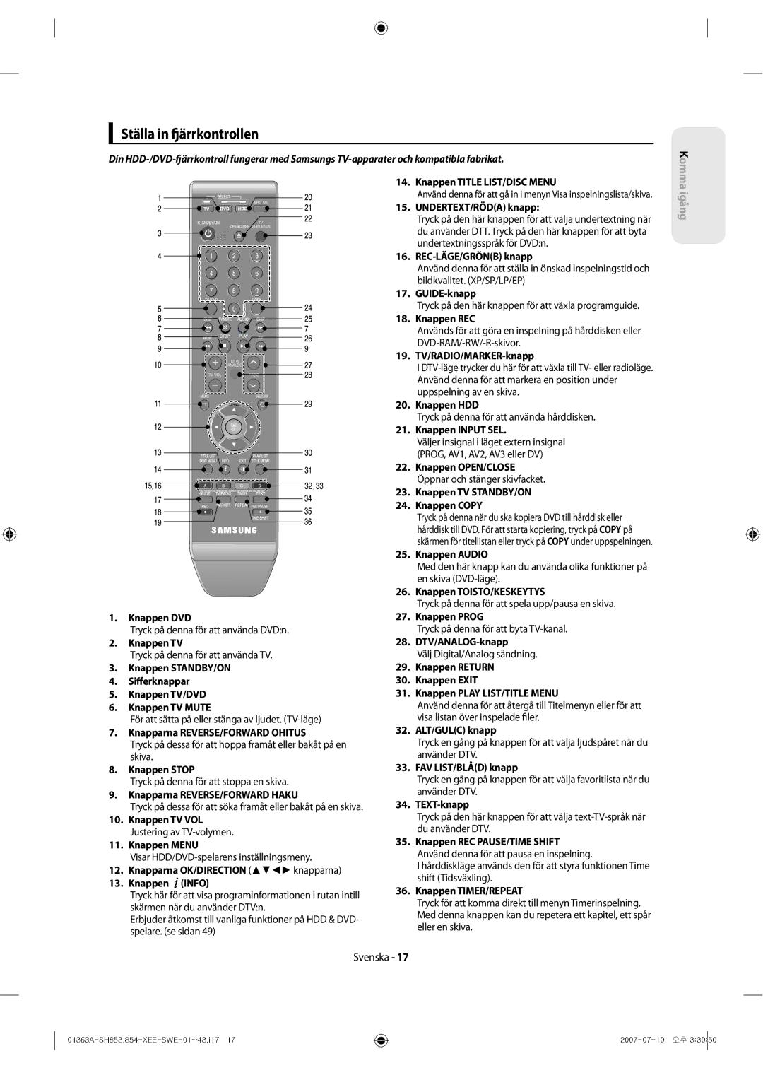 Samsung DVD-SH853/XEE manual Ställa in ärrkontrollen 