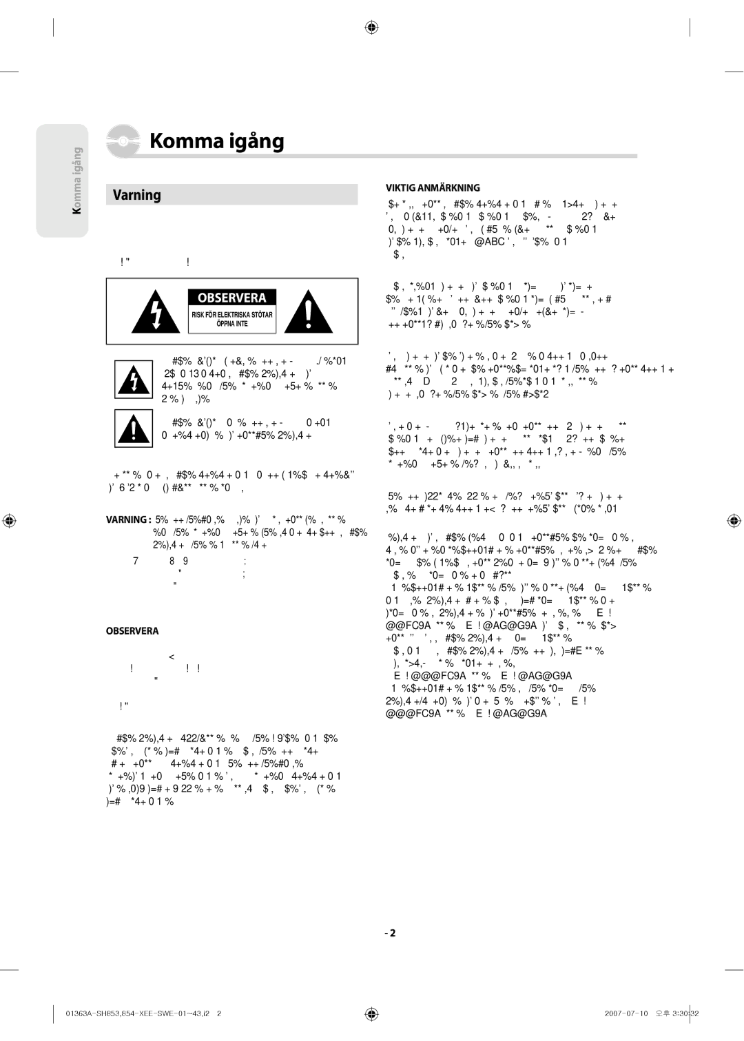 Samsung DVD-SH853/XEE manual Varning, Observera, Viktig Anmärkning, #$#%&*#+*,&-..&/.&!0,#1243334 5&!333673#8#!8#4 