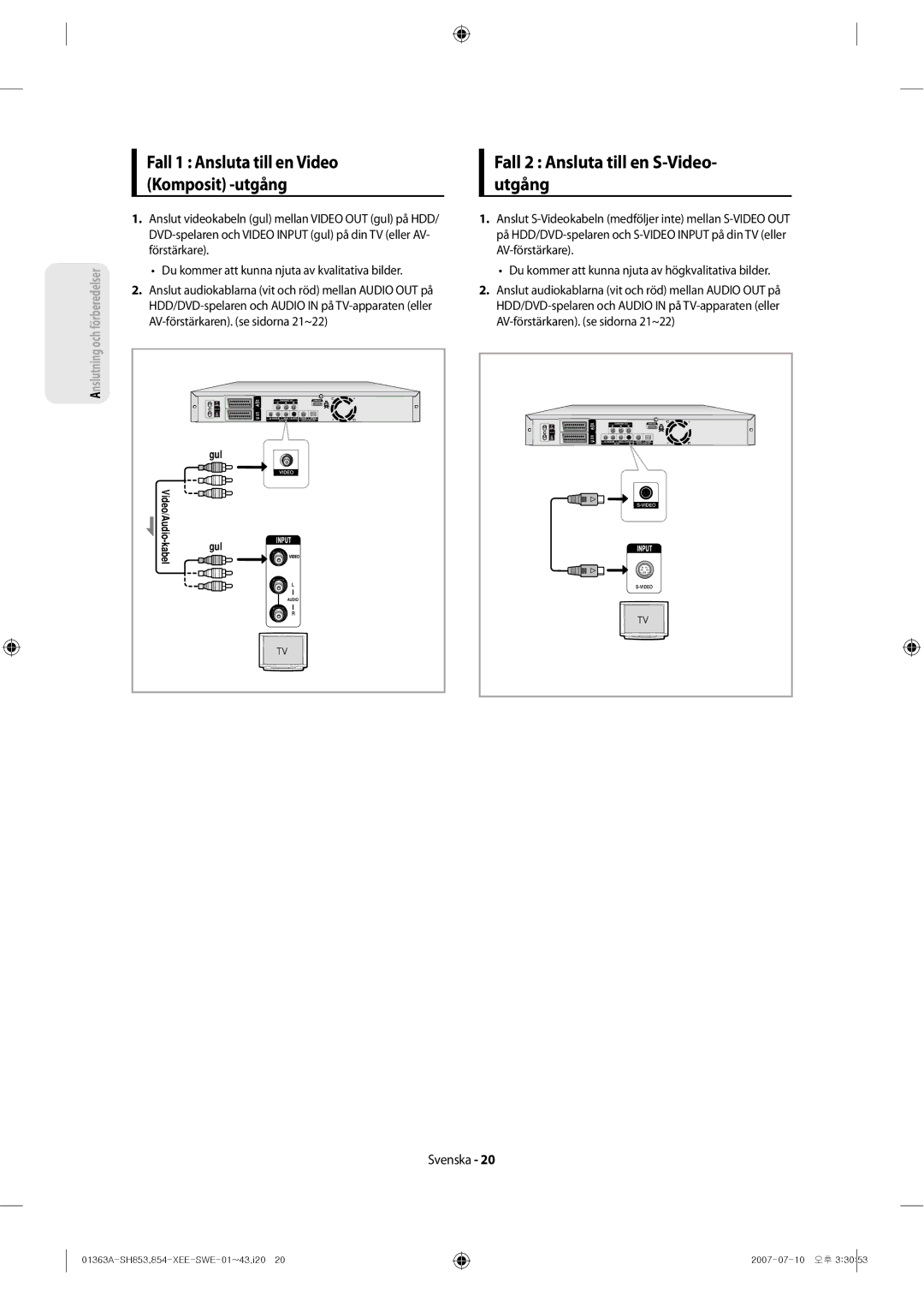 Samsung DVD-SH853/XEE manual Fall 2 Ansluta till en S-Video- utgång, Fall 1 Ansluta till en Video Komposit -utgång 