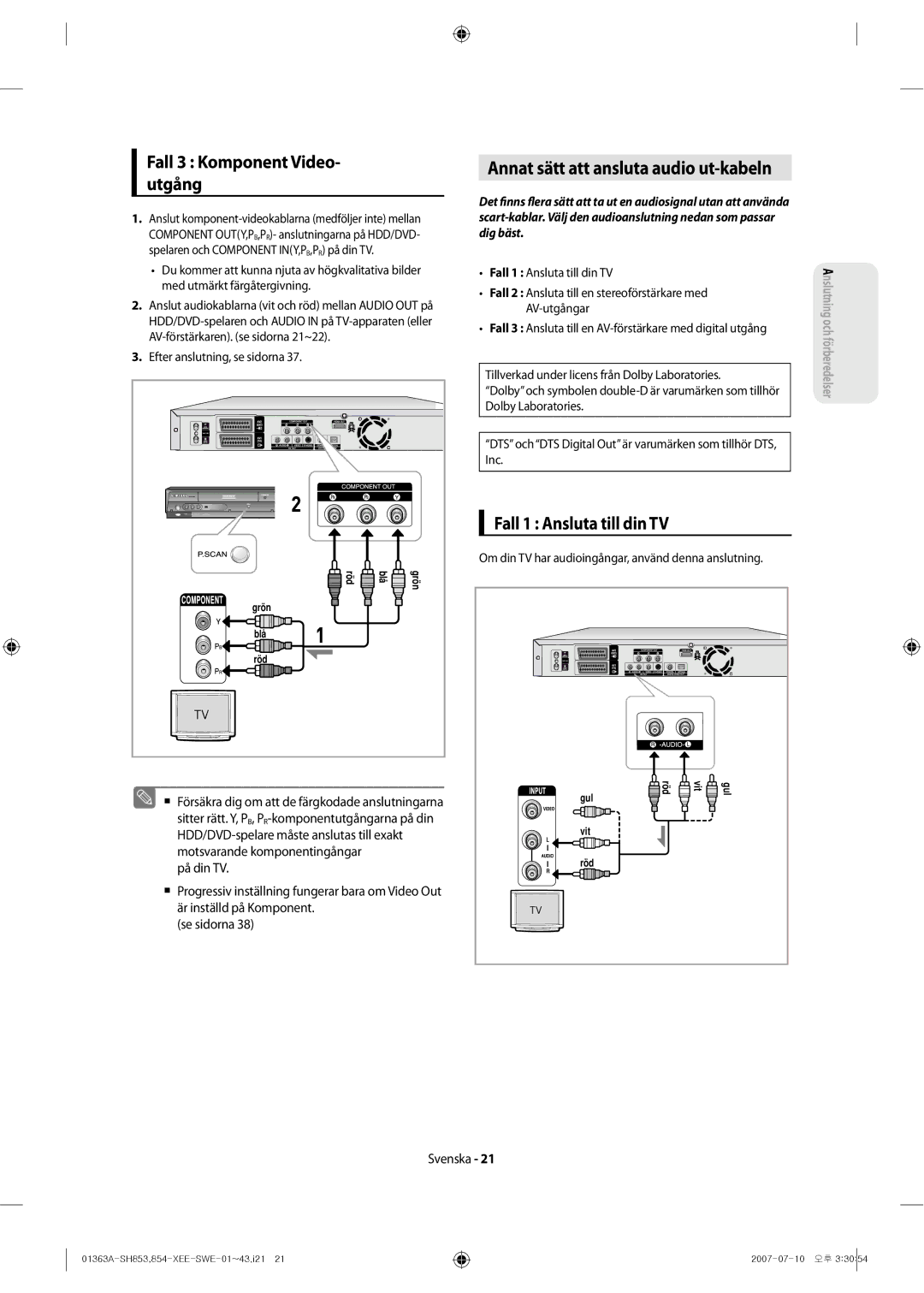 Samsung DVD-SH853/XEE Annat sätt att ansluta audio ut-kabeln, Fall 3 Komponent Video- utgång, Fall 1 Ansluta till din TV 