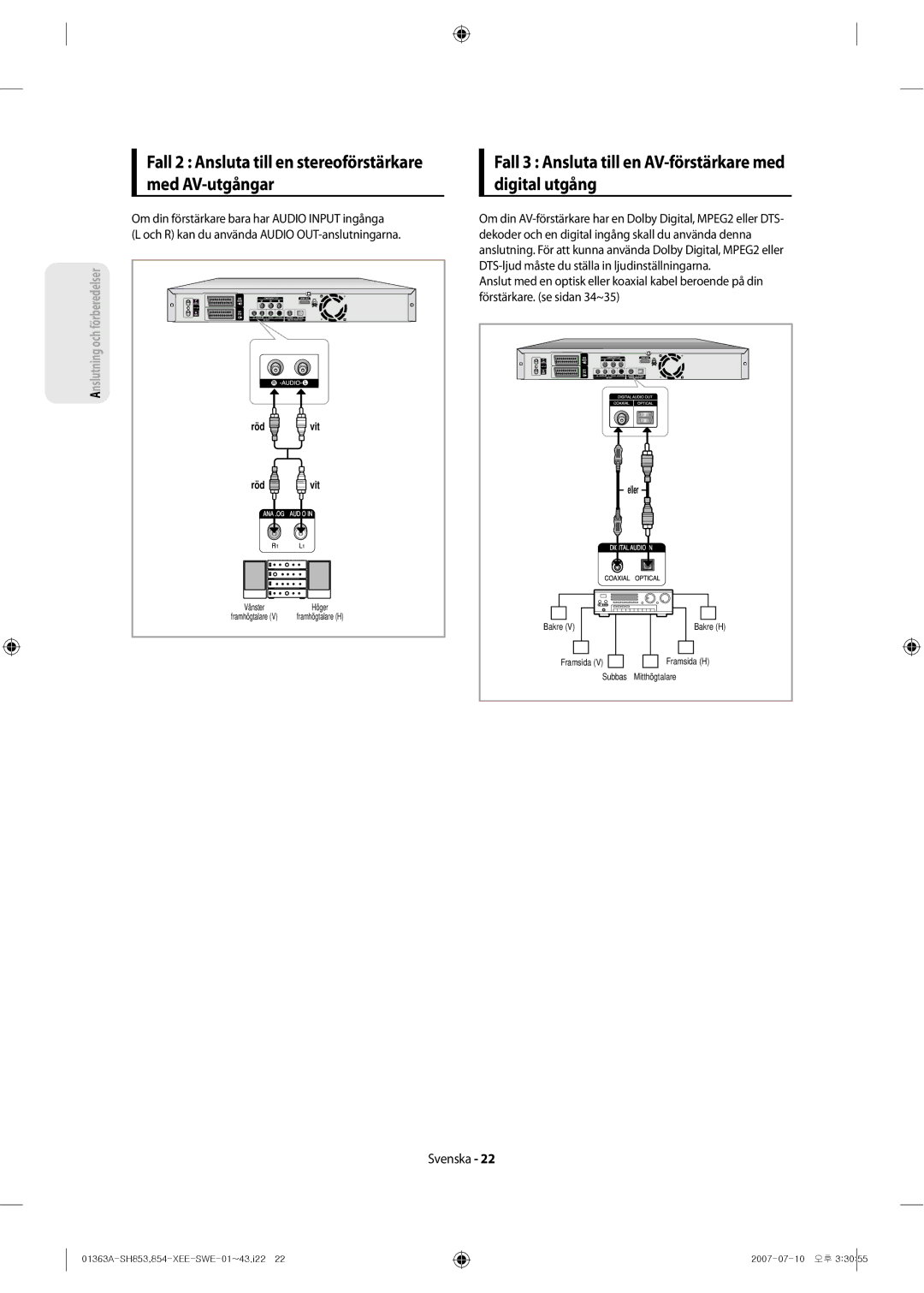 Samsung DVD-SH853/XEE manual Fall 3 Ansluta till en AV-förstärkare med digital utgång 